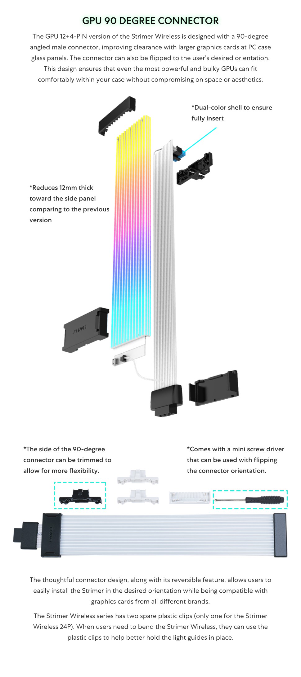 A large marketing image providing additional information about the product Lian Li Strimer Wireless 24-Pin ARGB LED Extension Cable (w/ RF Wireless Controller) - Additional alt info not provided