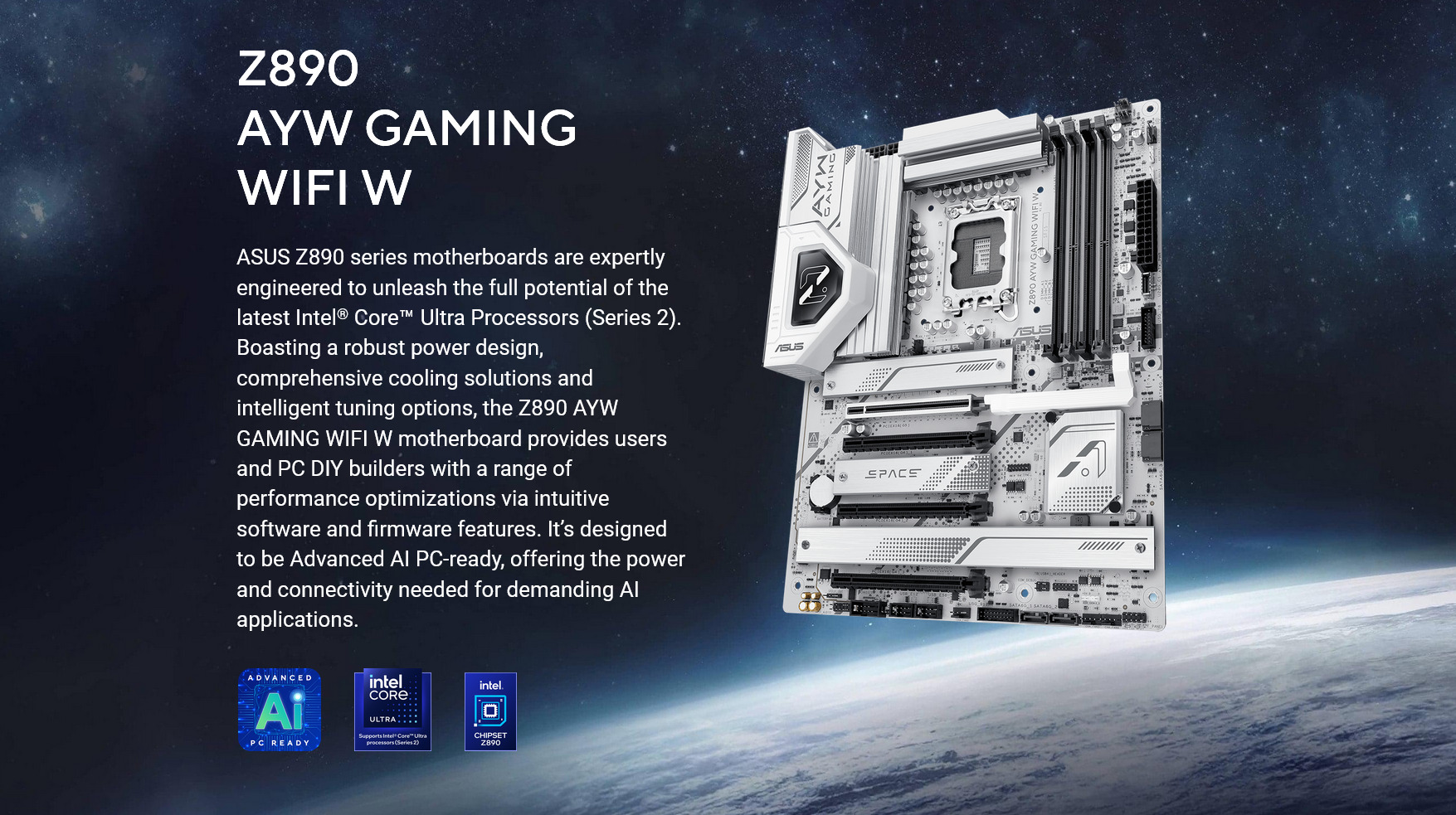 A large marketing image providing additional information about the product ASUS Z890 AYW Gaming WiFi W LGA1851 ATX Desktop Motherboard - Additional alt info not provided