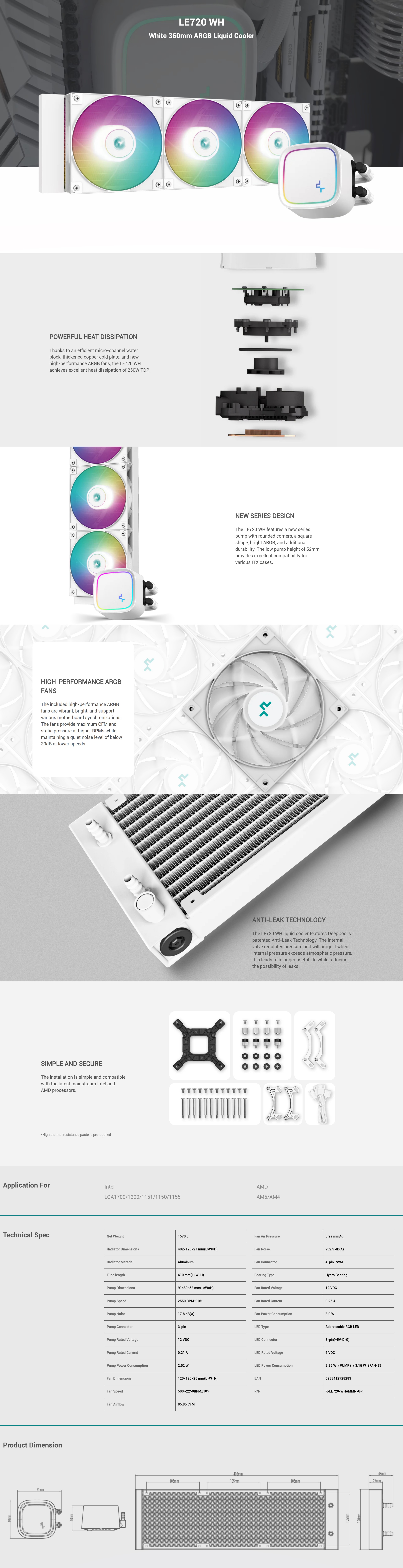 A large marketing image providing additional information about the product DeepCool LE720 ARGB 360mm AIO Liquid CPU Cooler - White - Additional alt info not provided