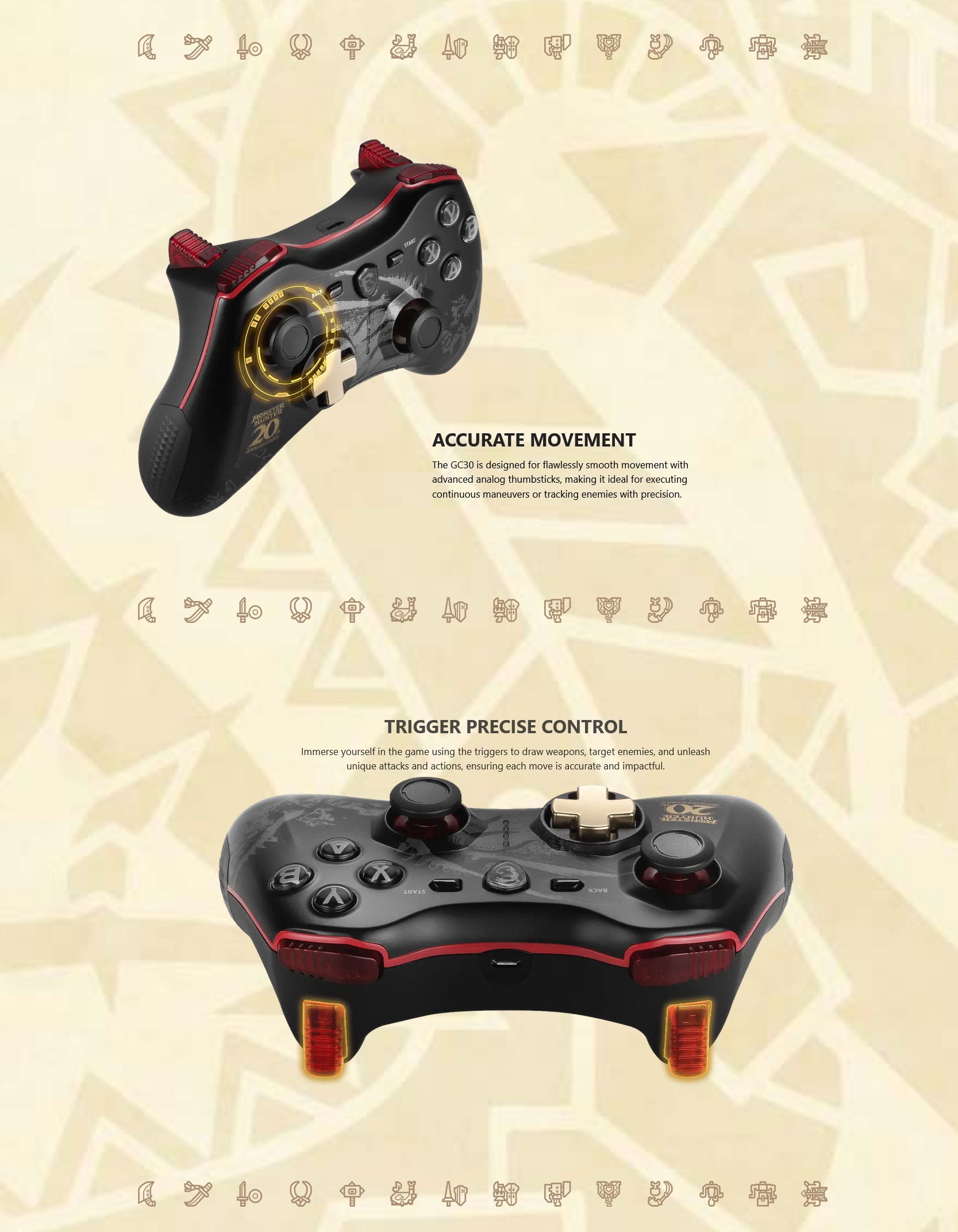 A large marketing image providing additional information about the product MSI Force GC30 Wireless Controller - Monster Hunter Edition - Additional alt info not provided