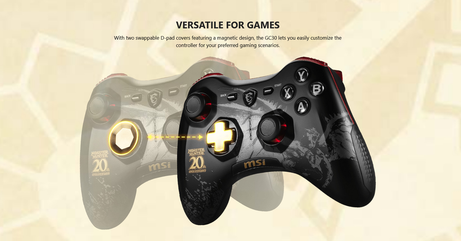 A large marketing image providing additional information about the product MSI Force GC30 Wireless Controller - Monster Hunter Edition - Additional alt info not provided