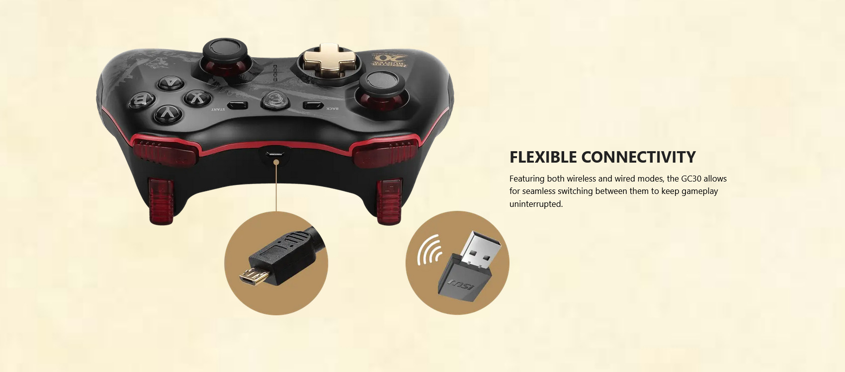 A large marketing image providing additional information about the product MSI Force GC30 Wireless Controller - Monster Hunter Edition - Additional alt info not provided