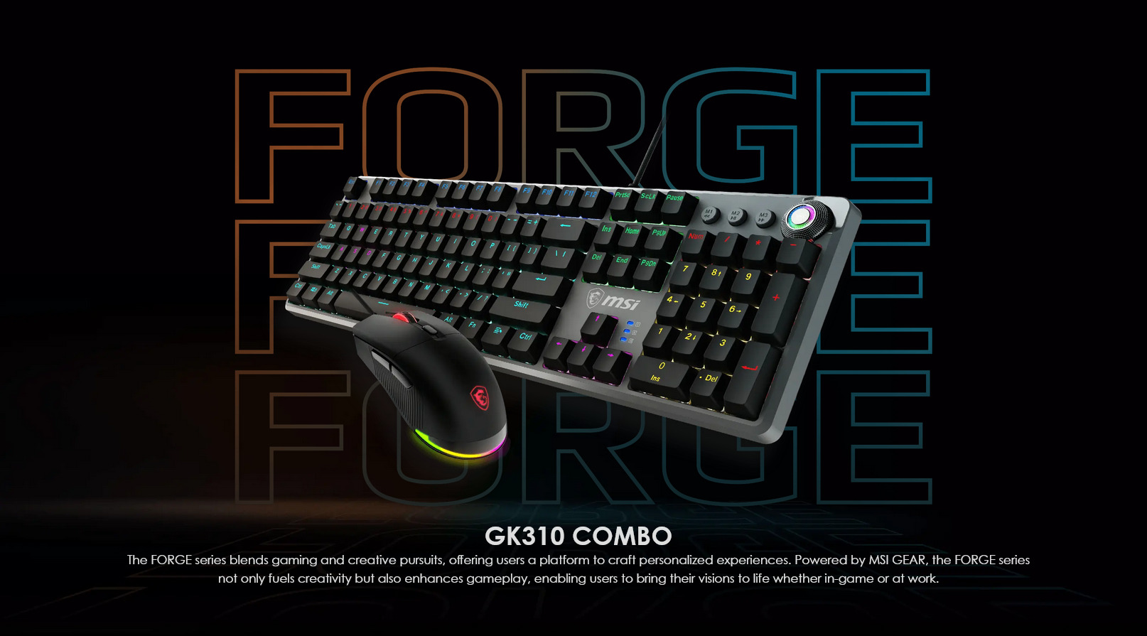 A large marketing image providing additional information about the product MSI Forge GK310 RGB  Mouse and Keyboard Combo - Red Switch - Additional alt info not provided