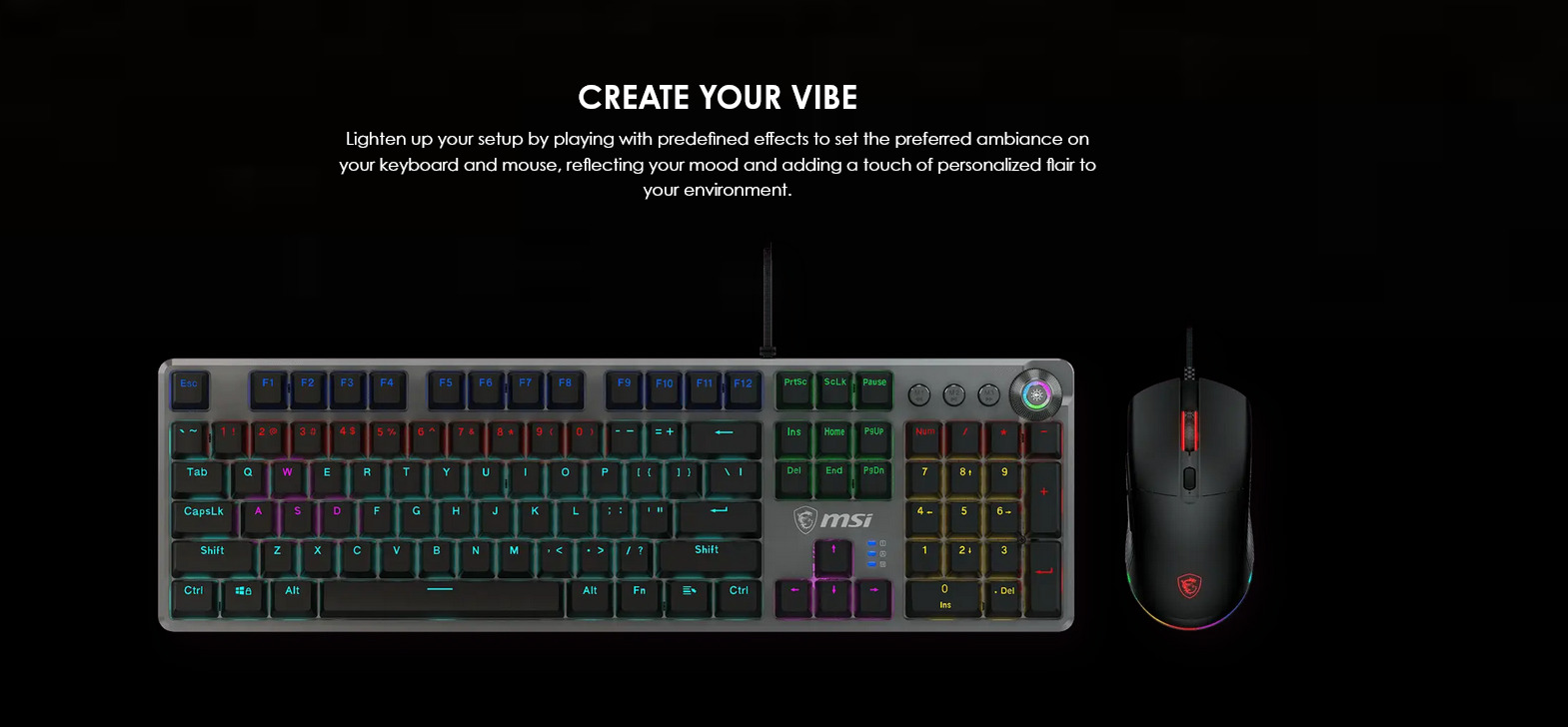 A large marketing image providing additional information about the product MSI Forge GK310 RGB  Mouse and Keyboard Combo - Red Switch - Additional alt info not provided