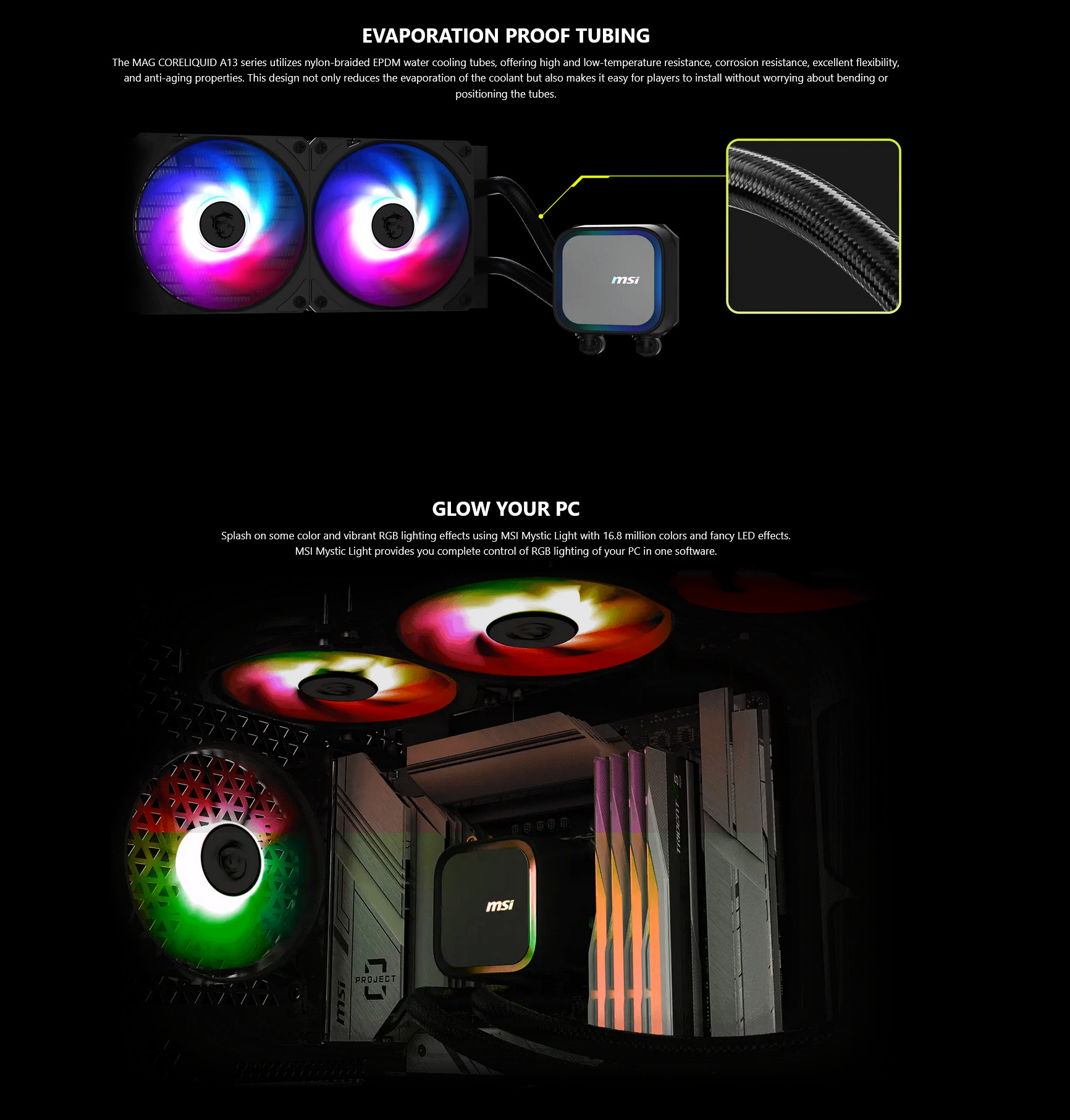 A large marketing image providing additional information about the product MSI MAG CoreLiquid A13 360mm AIO Liquid CPU Cooler - Additional alt info not provided