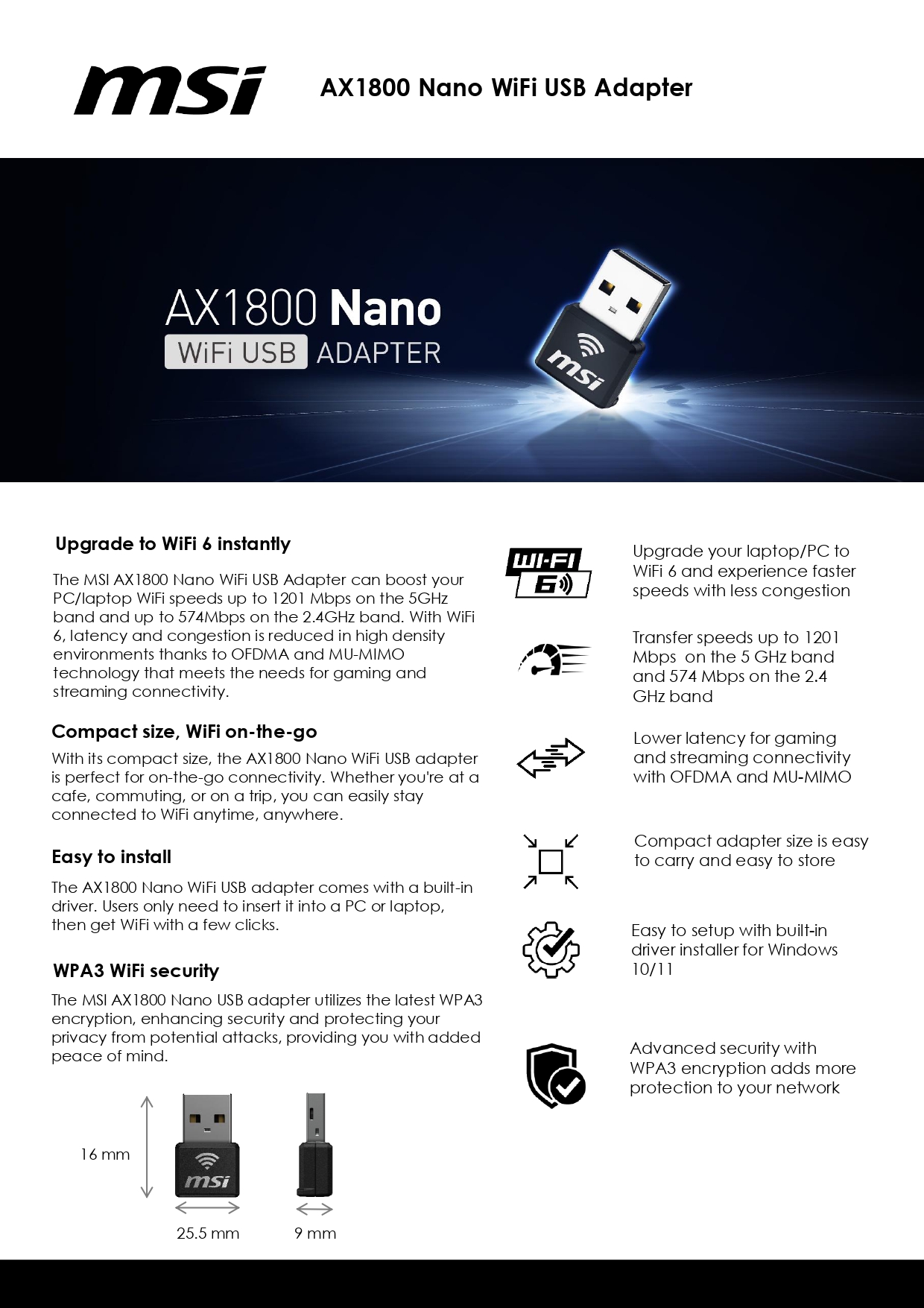 A large marketing image providing additional information about the product MSI GUAX18N Nano AX1800 Dual Band Wi-Fi 6 USB Adapter - Additional alt info not provided