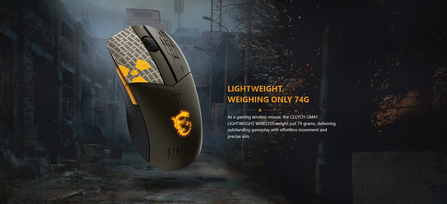 A large marketing image providing additional information about the product MSI Clutch GM41 Lightweight Wireless Gaming Mouse - STALKER 2 Edition - Additional alt info not provided