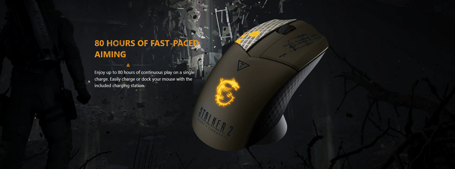 A large marketing image providing additional information about the product MSI Clutch GM41 Lightweight Wireless Gaming Mouse - STALKER 2 Edition - Additional alt info not provided