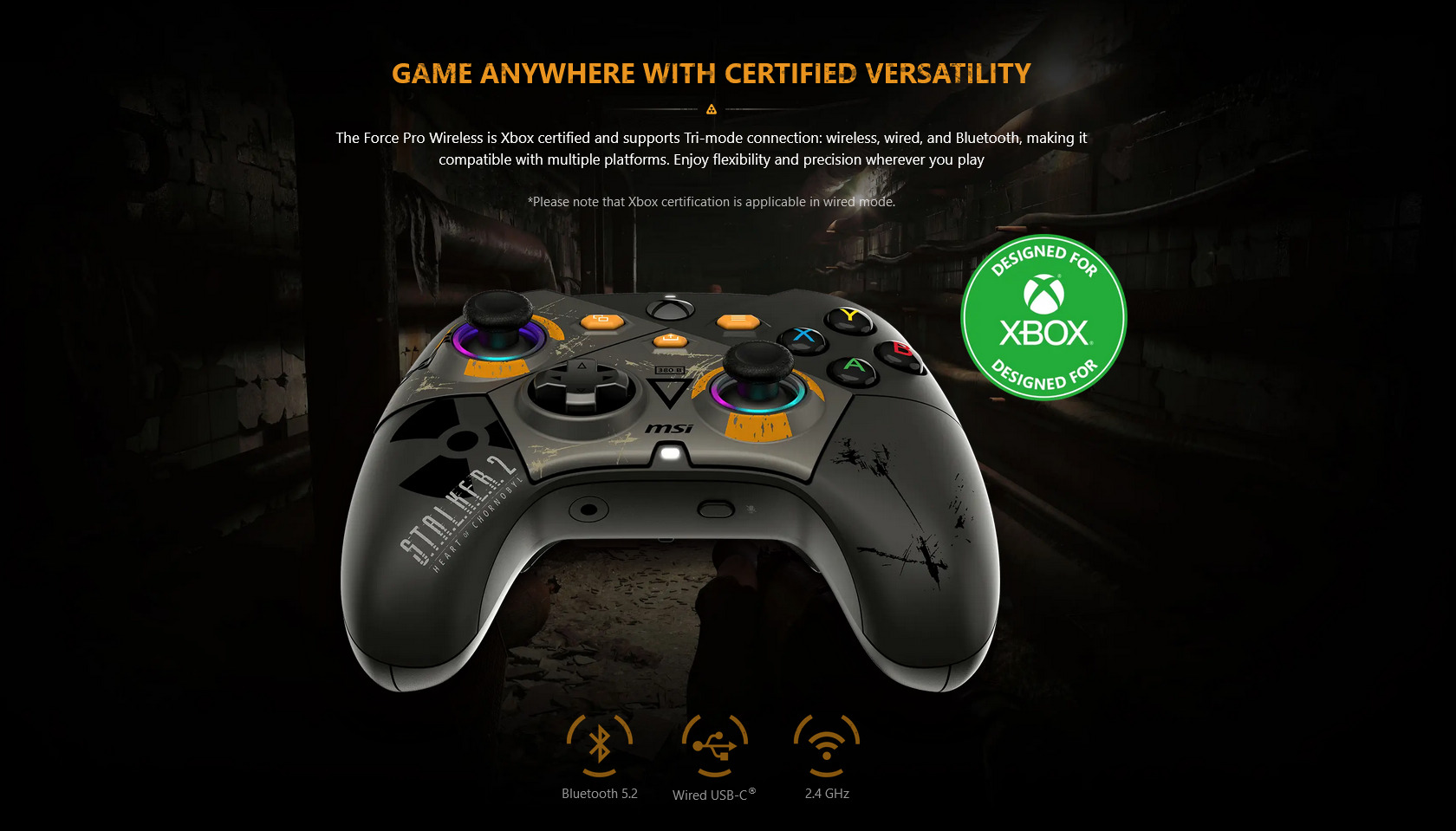 A large marketing image providing additional information about the product MSI Force Pro Wireless Xbox Controller - STALKER 2 Edition - Additional alt info not provided