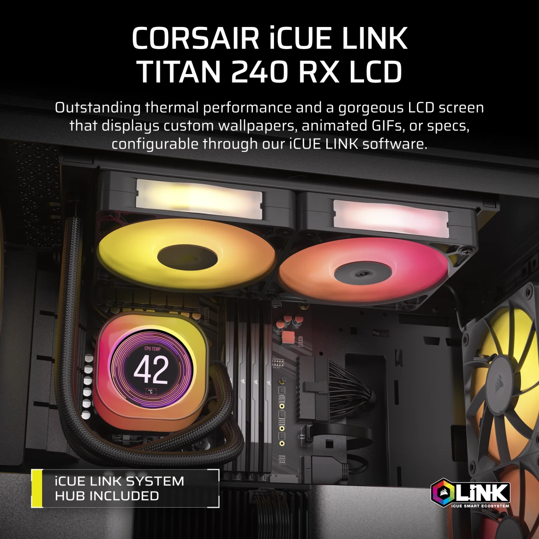 A large marketing image providing additional information about the product Corsair iCUE LINK TITAN 240 RX LCD 240mm AIO Liquid CPU Cooler - Black - Additional alt info not provided