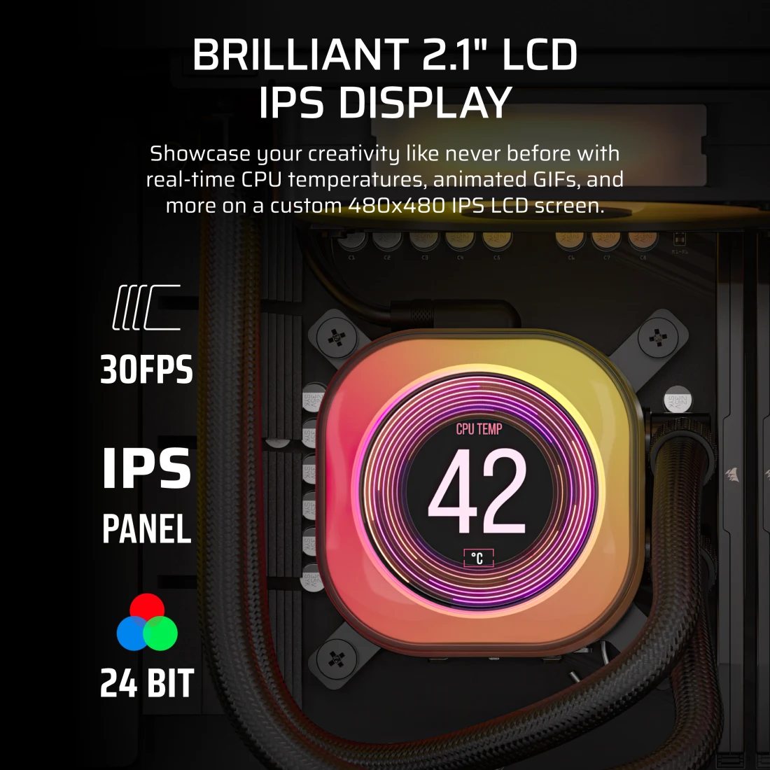 A large marketing image providing additional information about the product Corsair iCUE LINK TITAN 240 RX LCD 240mm AIO Liquid CPU Cooler - Black - Additional alt info not provided