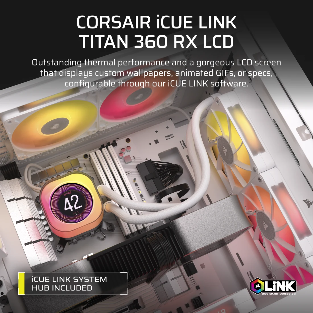 A large marketing image providing additional information about the product Corsair iCUE LINK TITAN 360 RX LCD 360mm AIO Liquid CPU Cooler - White - Additional alt info not provided