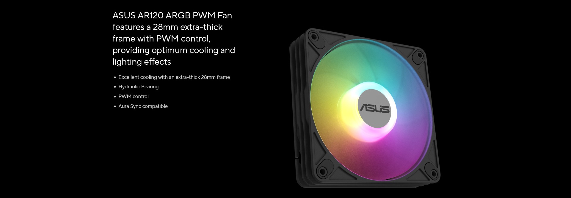 A large marketing image providing additional information about the product ASUS AR120 ARGB 120mm Black PWM Cooling Fan  - Additional alt info not provided