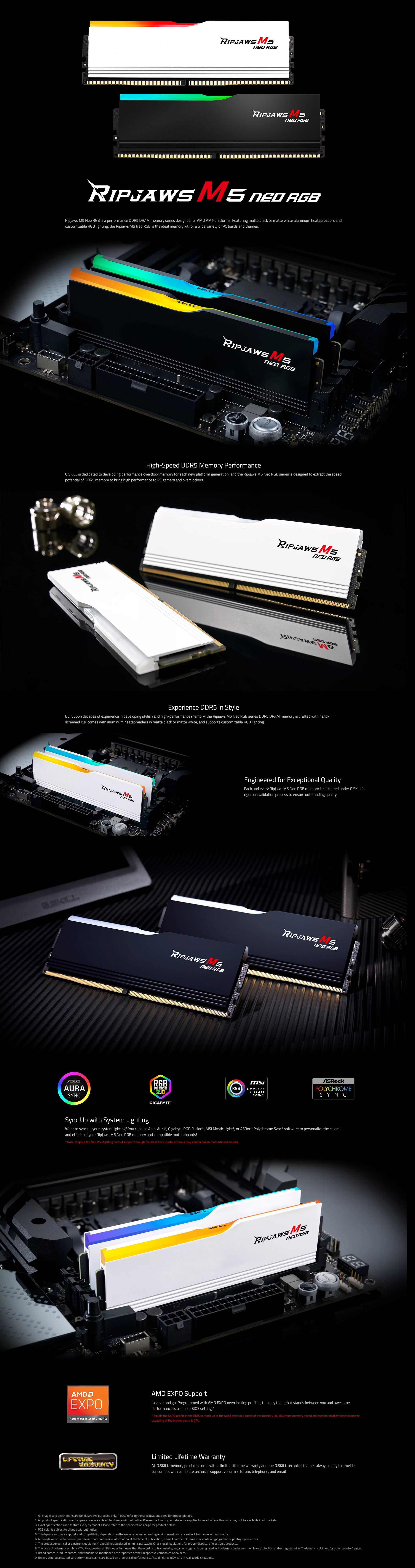 A large marketing image providing additional information about the product G.Skill Ripjaws M5 Neo RGB 32GB Kit (2x16GB) DDR5-6000 C36 (White) - Additional alt info not provided