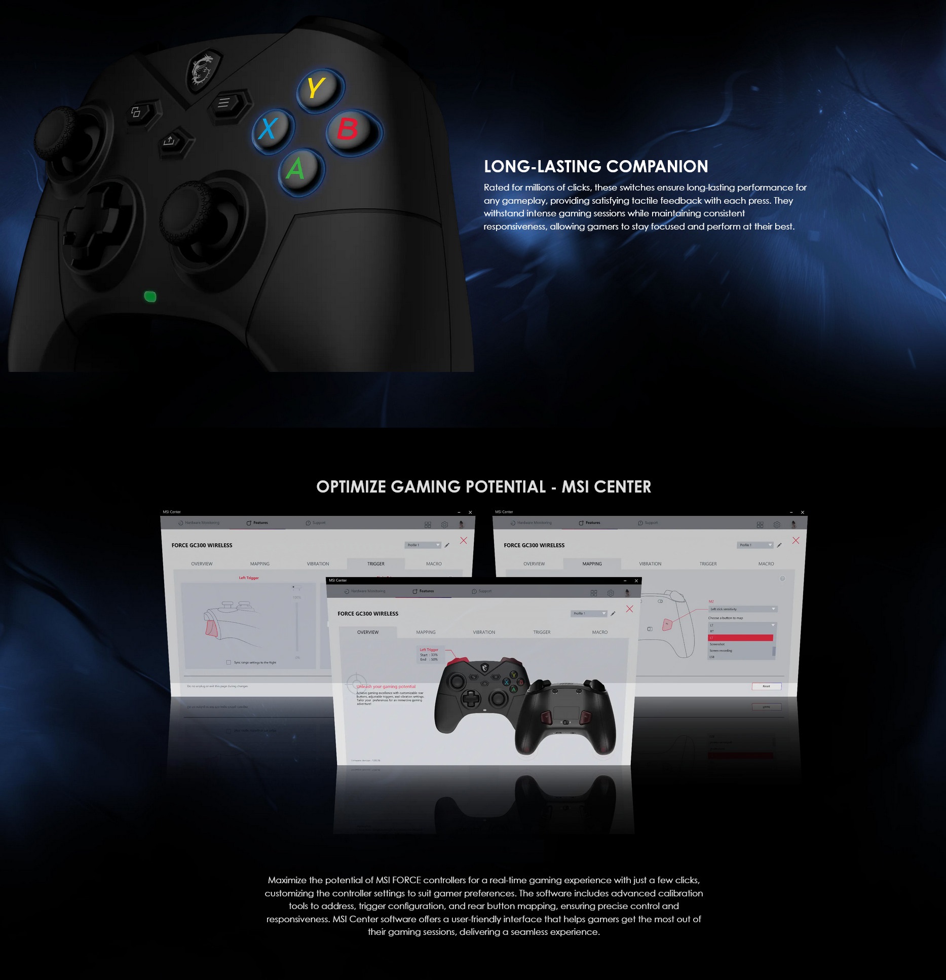 A large marketing image providing additional information about the product MSI Force GC3000 Wireless Gaming Controller  - Additional alt info not provided