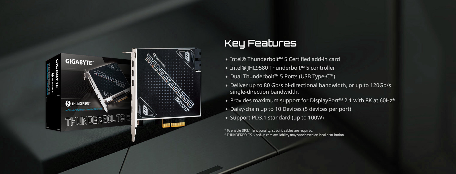 A large marketing image providing additional information about the product Gigabyte Thunderbolts 5 PCIe Add-in Card - Additional alt info not provided