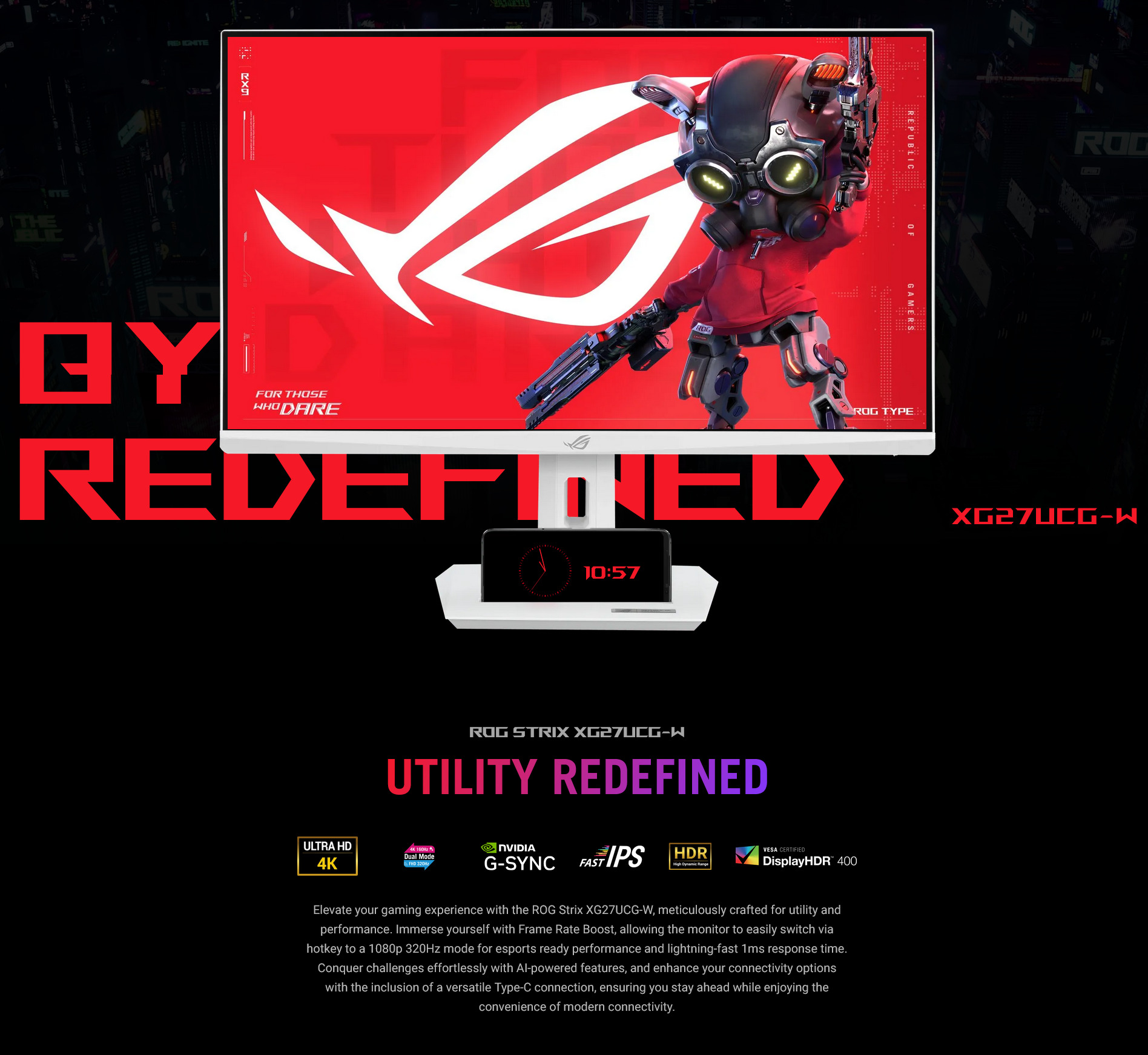 A large marketing image providing additional information about the product ASUS ROG Strix XG27UCG 27" 4K 160Hz / 1080p 320Hz Dual-Mode Fast IPS Monitor - White - Additional alt info not provided