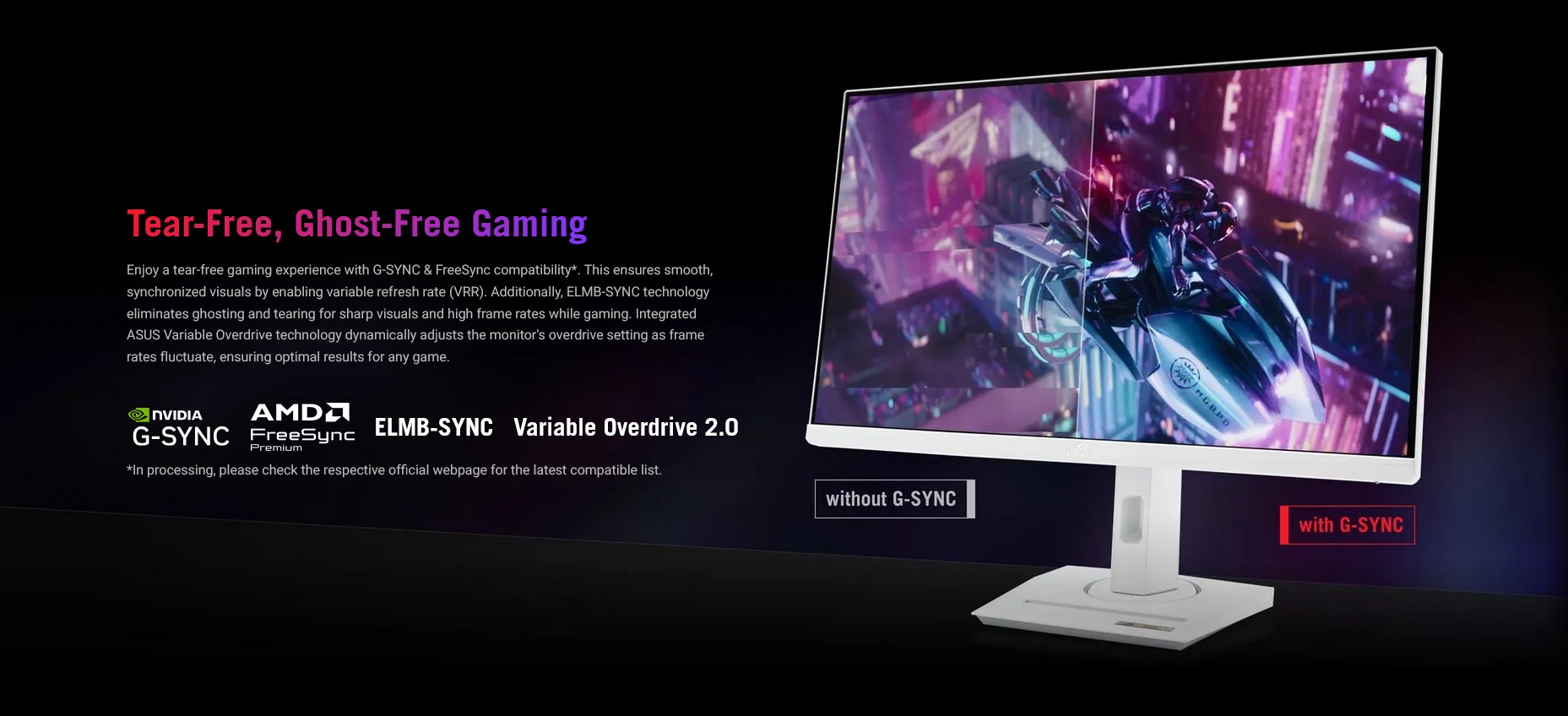 A large marketing image providing additional information about the product ASUS ROG Strix XG27UCG 27" 4K 160Hz / 1080p 320Hz Dual-Mode Fast IPS Monitor - White - Additional alt info not provided