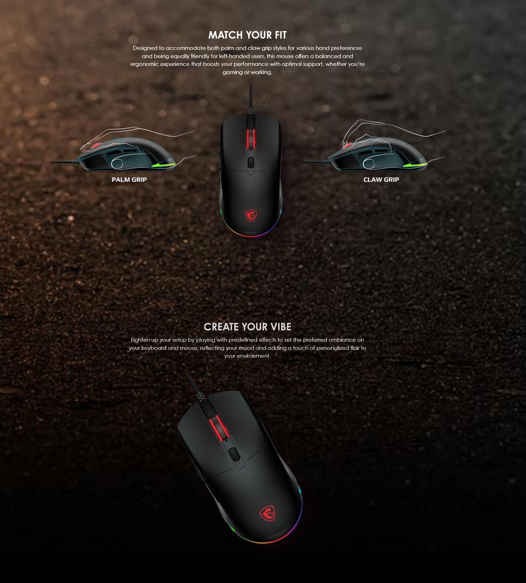 A large marketing image providing additional information about the product MSI Forge GM310  RGB Wired Gaming Mouse - Additional alt info not provided