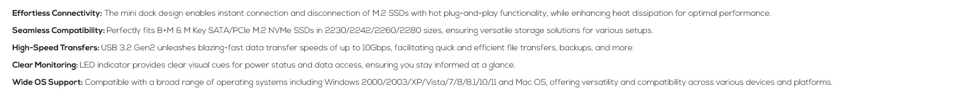 A large marketing image providing additional information about the product mbeat H1 USB 3.2 Gen2 10Gbps M.2 NVMe & SATA SSD Mini Dock - Additional alt info not provided