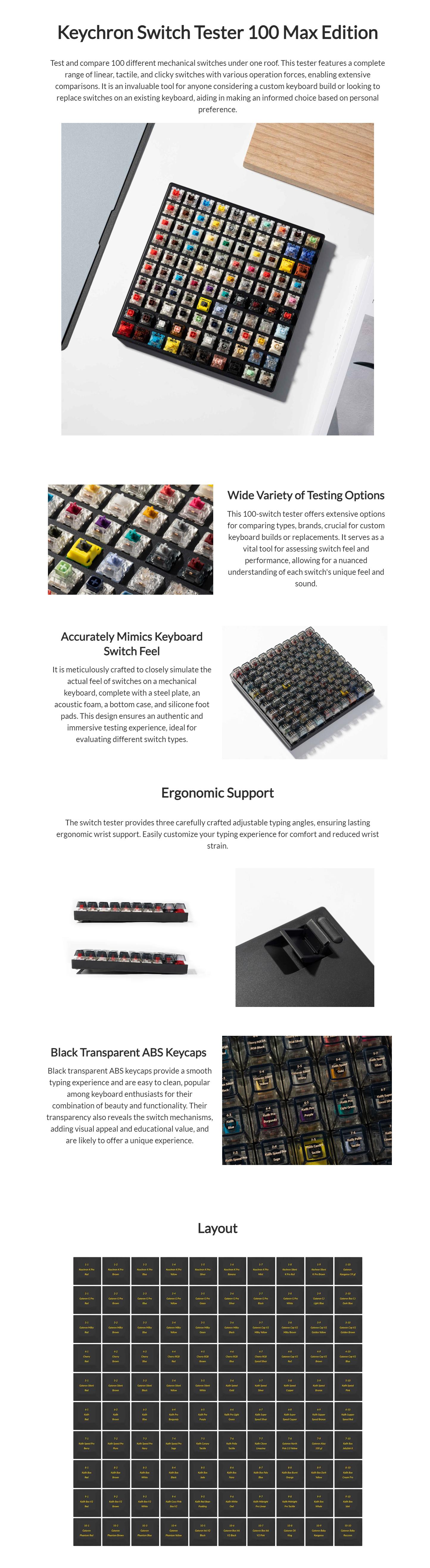 A large marketing image providing additional information about the product Keychron Switch Tester 100 Max Edition - Additional alt info not provided