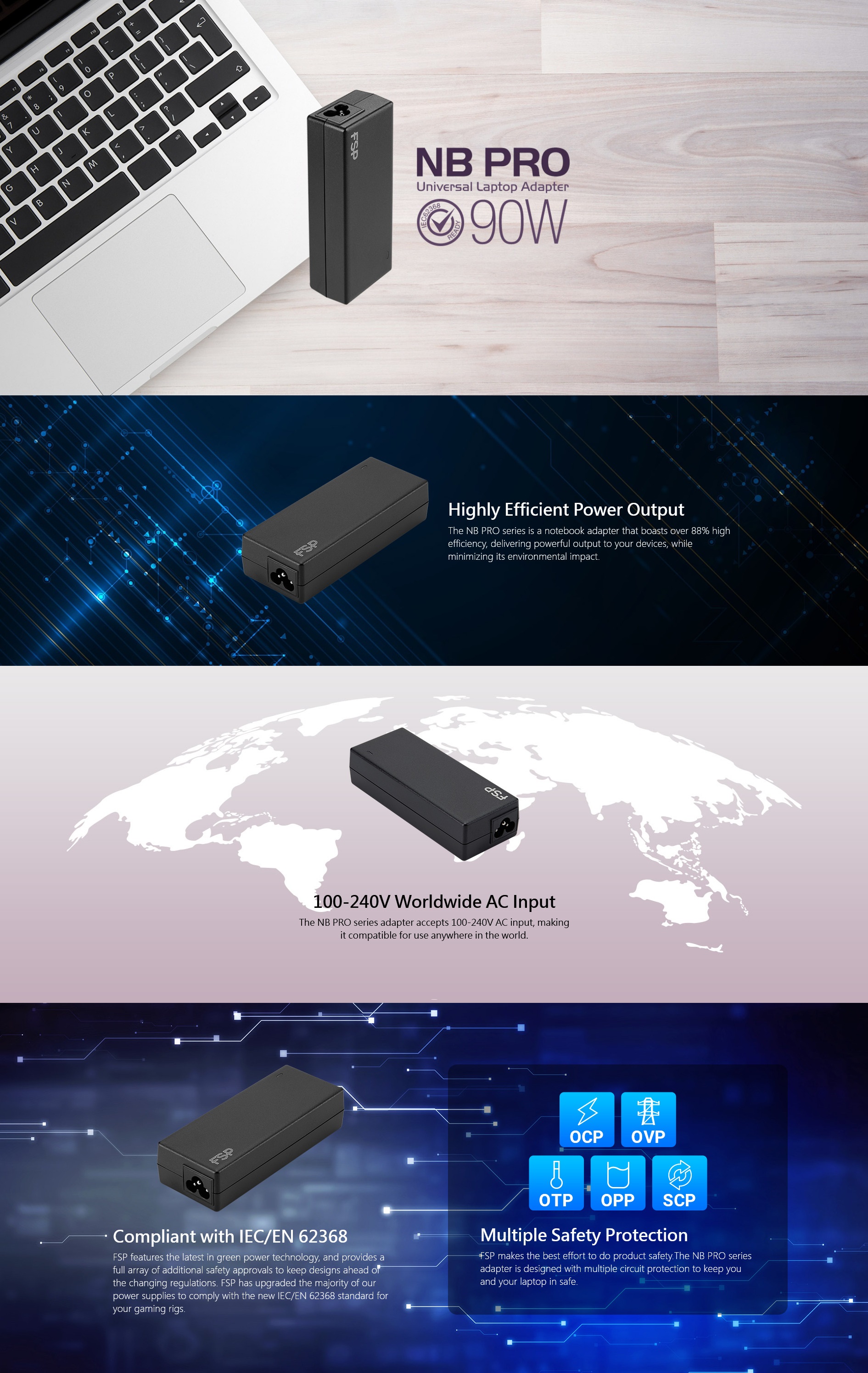 A large marketing image providing additional information about the product FSP 90W AC Universal Notebook Adaptor - Additional alt info not provided