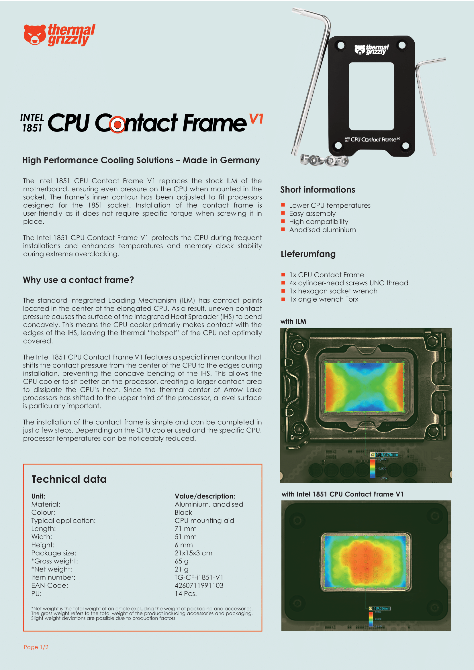 A large marketing image providing additional information about the product Thermal Grizzly Contact Frame for LGA1851 - Additional alt info not provided