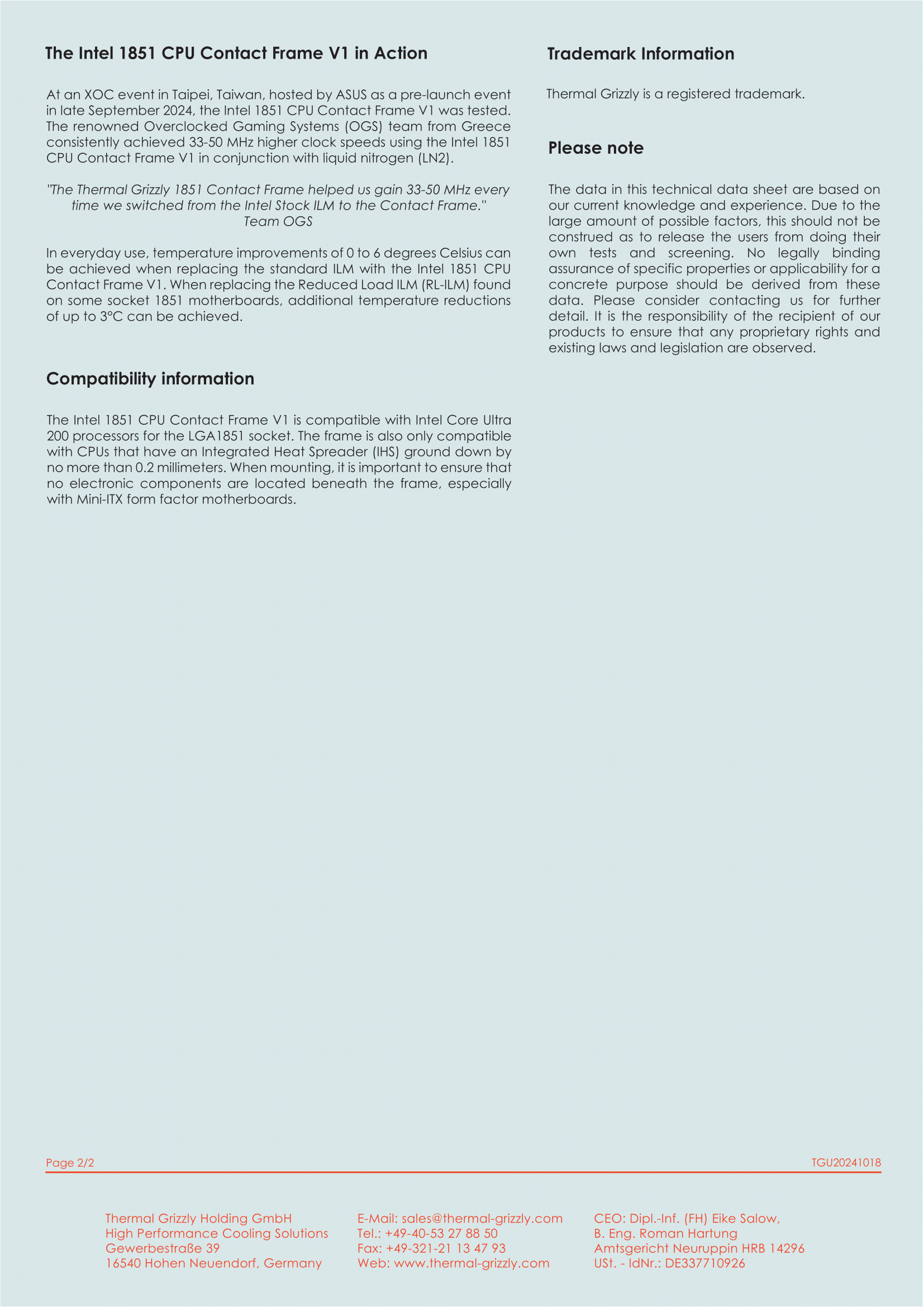 A large marketing image providing additional information about the product Thermal Grizzly Contact Frame for LGA1851 - Additional alt info not provided