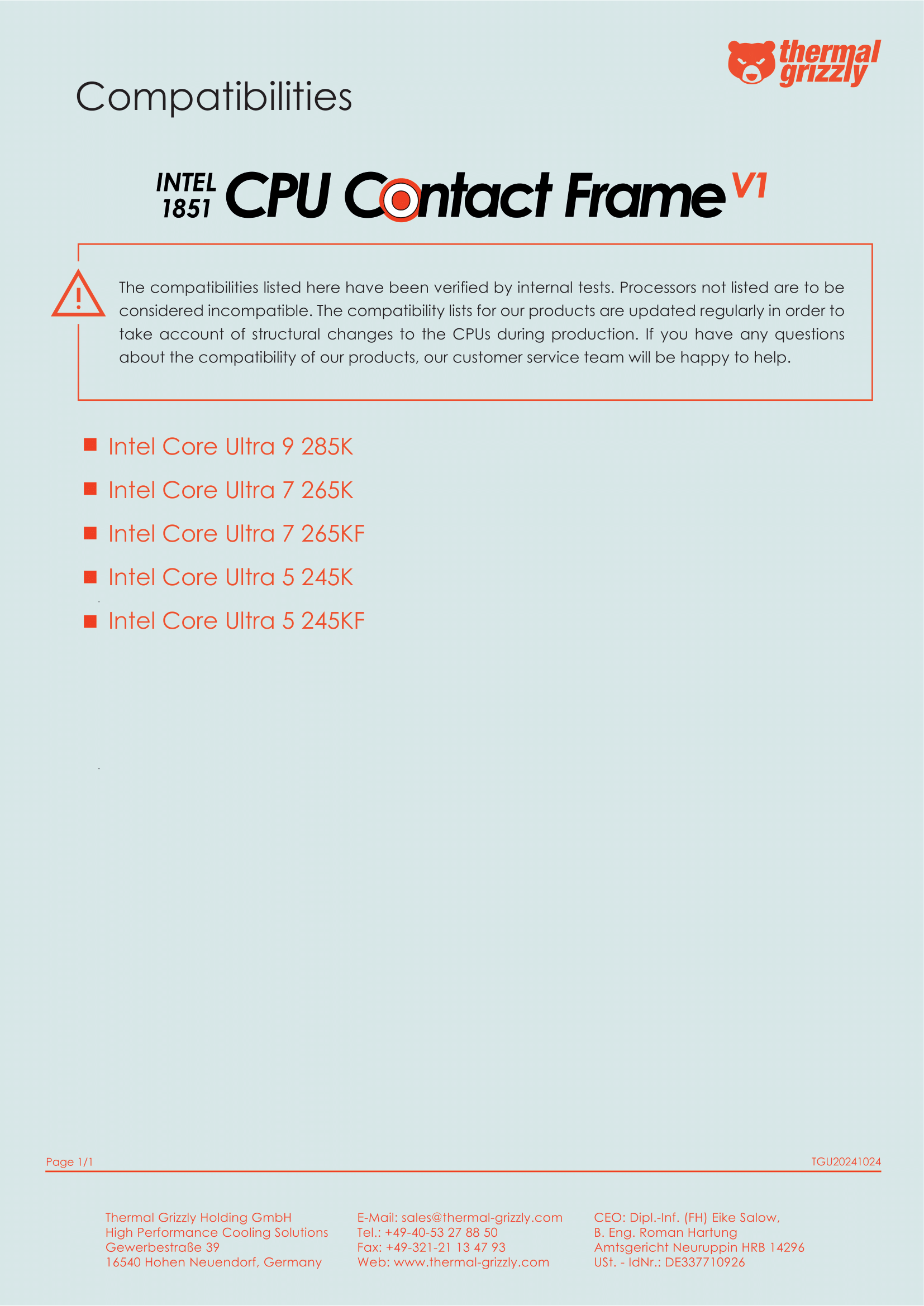 A large marketing image providing additional information about the product Thermal Grizzly Contact Frame for LGA1851 - Additional alt info not provided