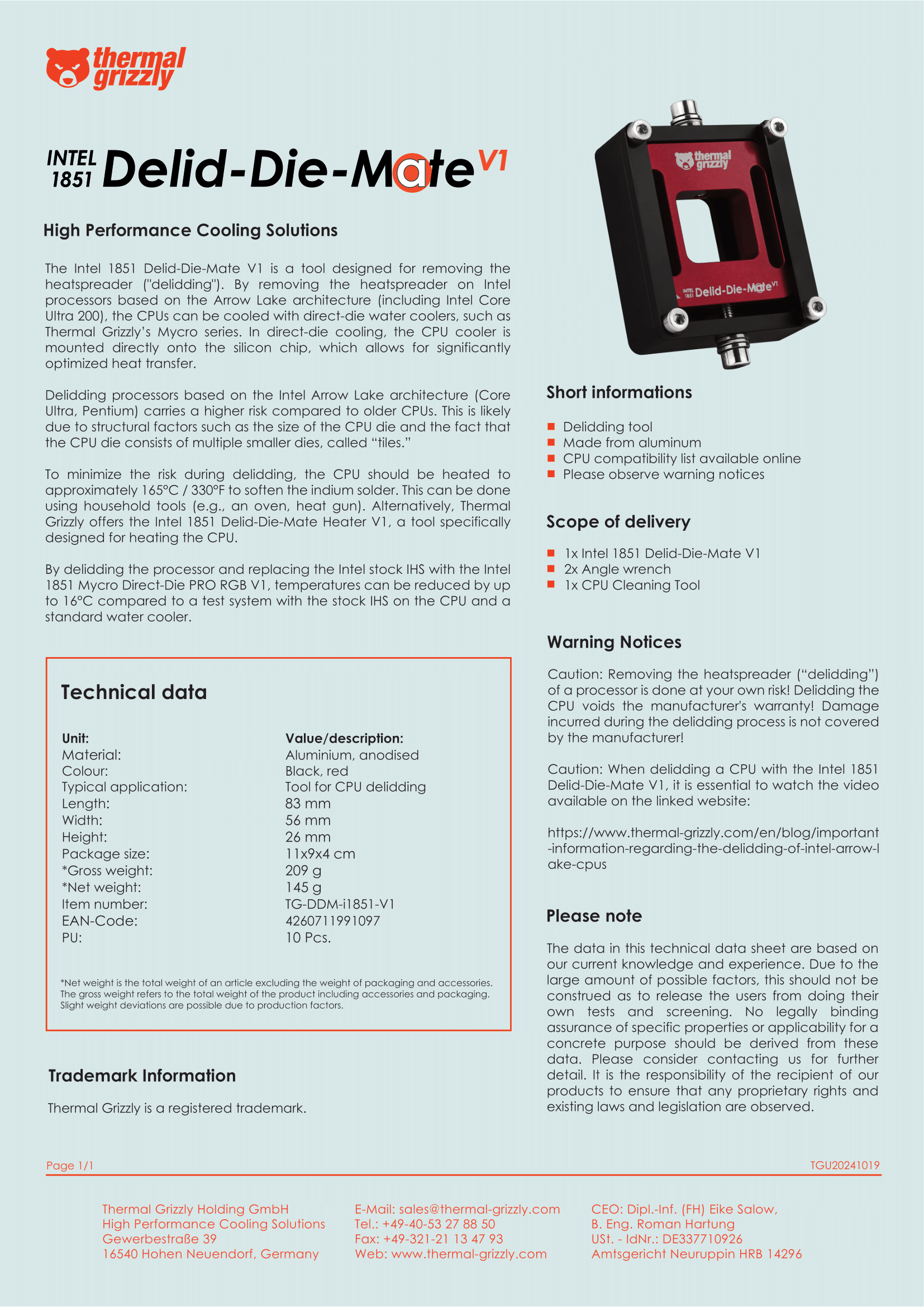 A large marketing image providing additional information about the product Thermal Grizzly Delid Die Mate - CPU Delidding Tool for Intel LGA1851 - Additional alt info not provided