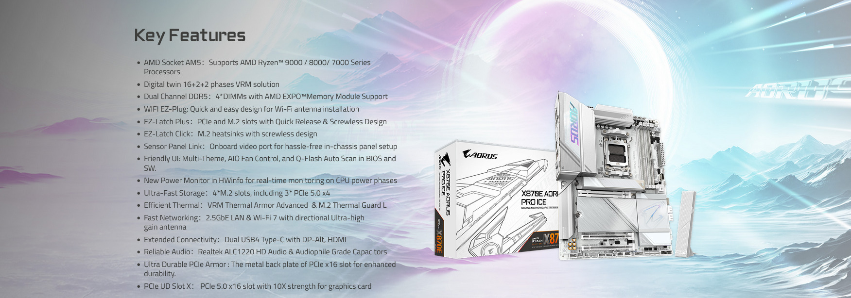 A large marketing image providing additional information about the product Gigabyte X870E Aorus Pro Ice AM5 ATX Desktop Motherboard - Additional alt info not provided