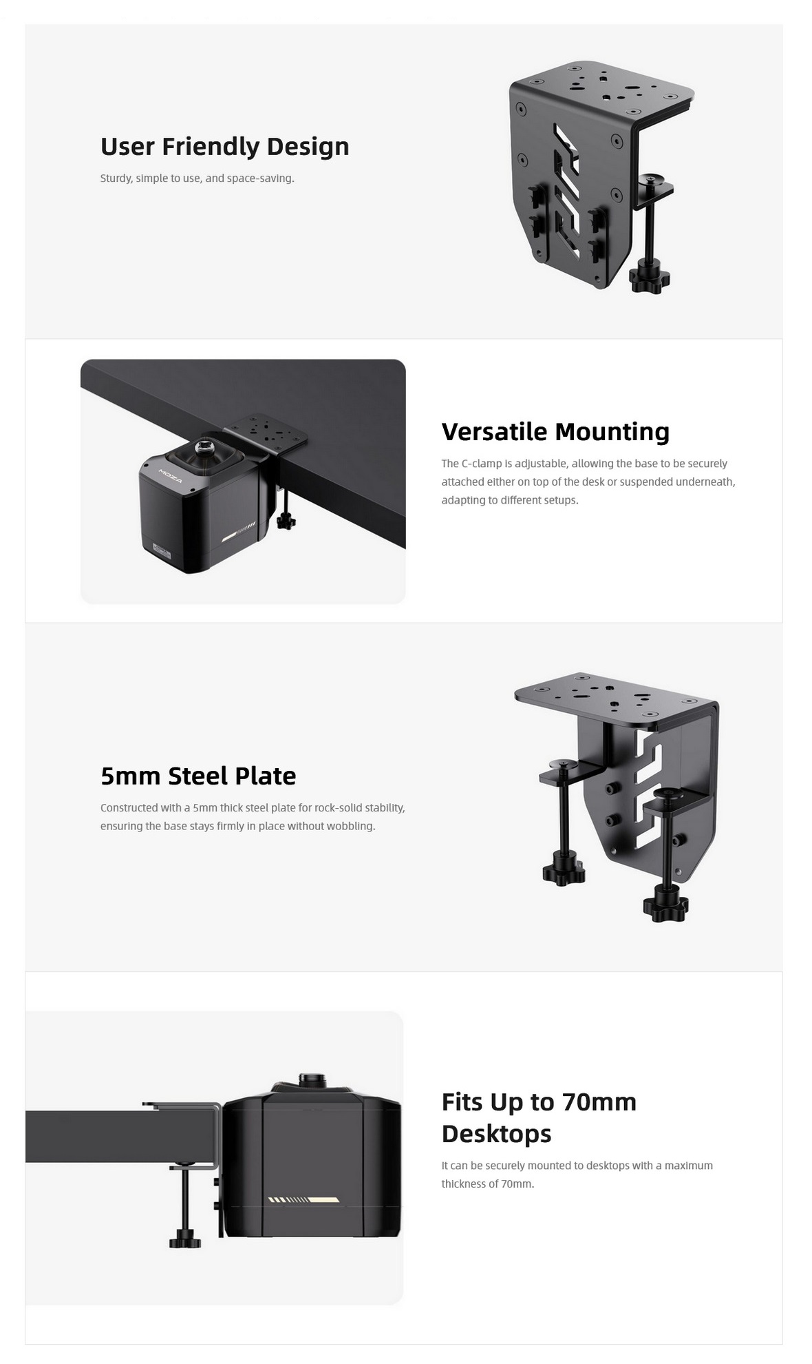 A large marketing image providing additional information about the product Moza Flight Base Table Clamp - Additional alt info not provided