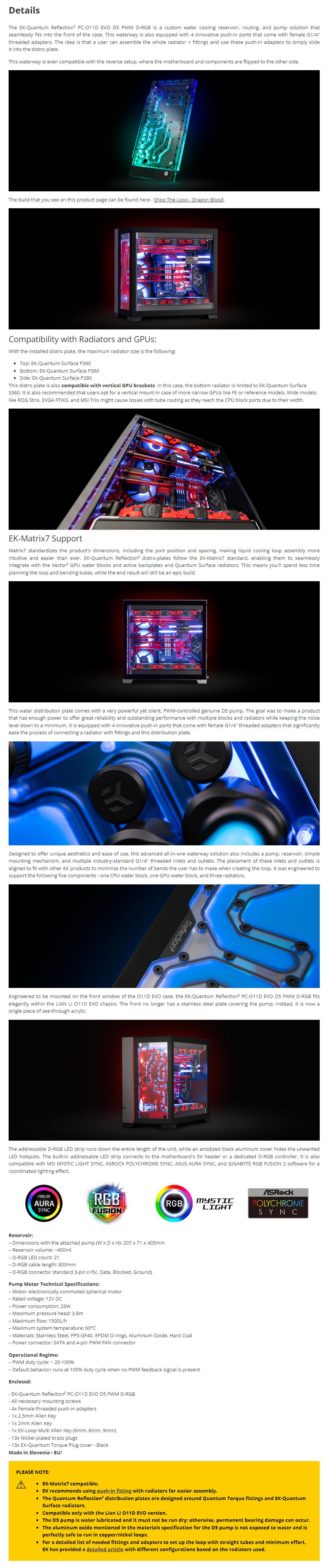 A large marketing image providing additional information about the product EK Quantum Reflection2 D5 PWM D-RGB Distribution Block for Lian Li O11 Dynamic EVO - Additional alt info not provided