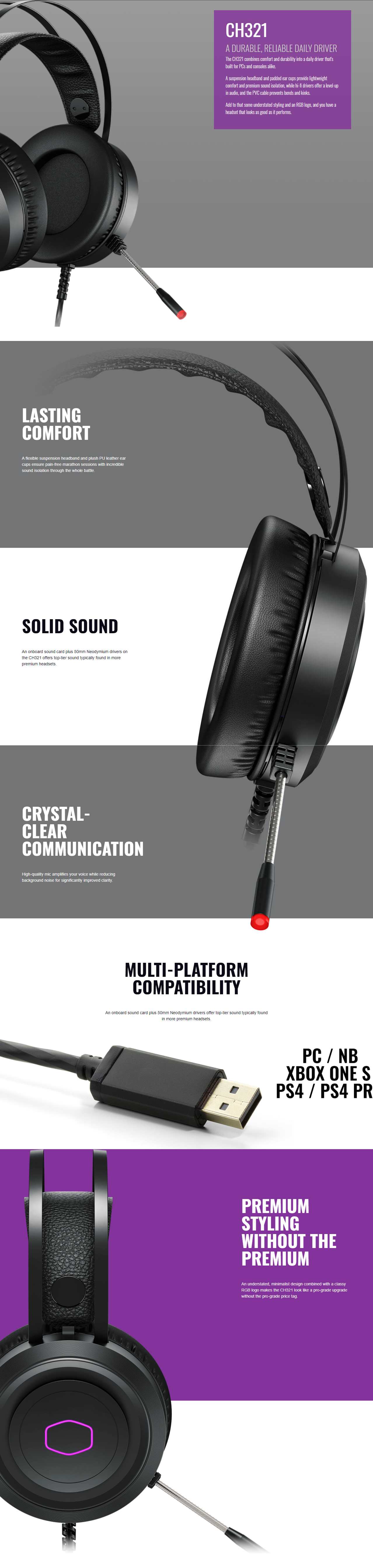 A large marketing image providing additional information about the product Cooler Master MasterPulse CH321 USB Gaming Headset - Additional alt info not provided