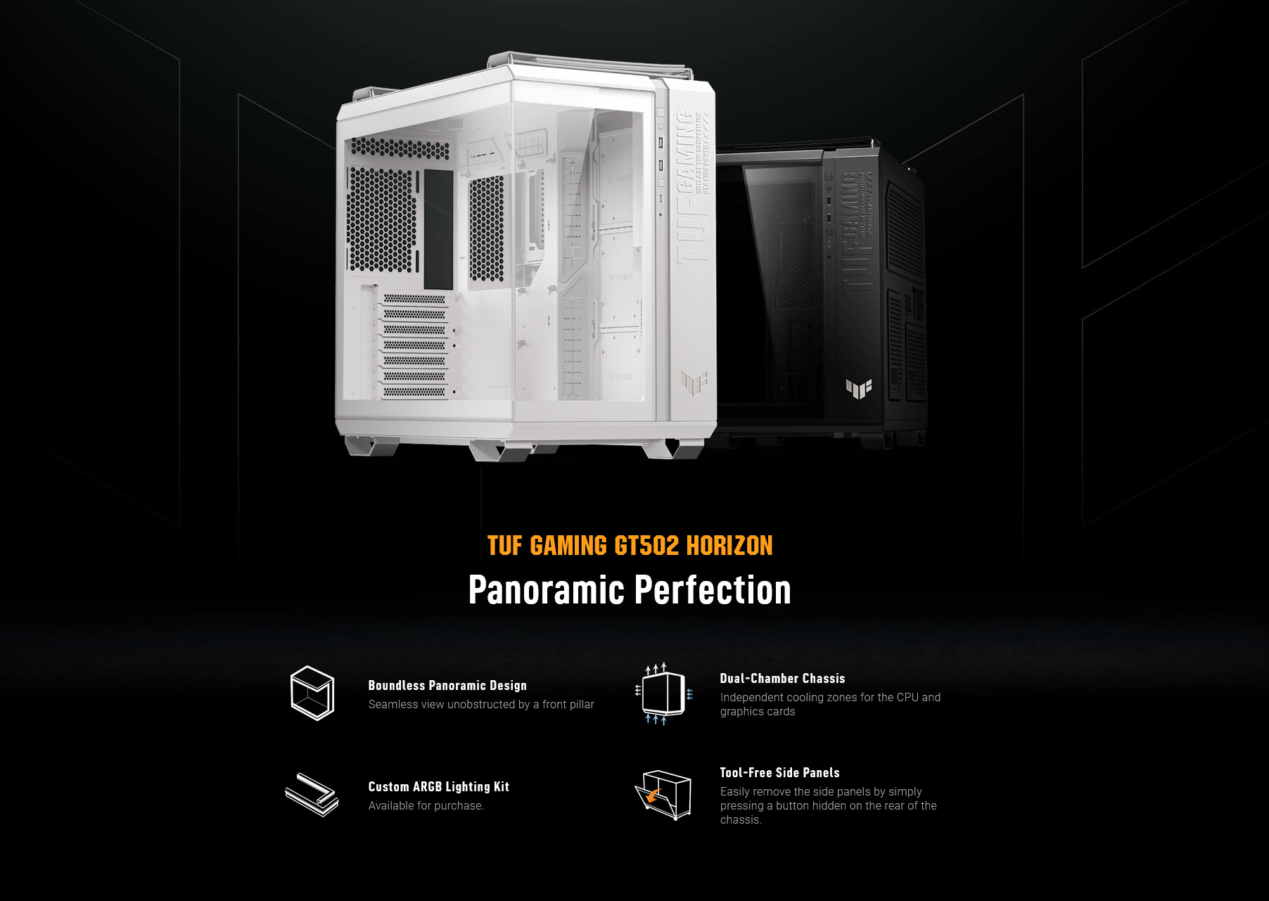 A large marketing image providing additional information about the product ASUS TUF Gaming GT502 Horizon Mid Tower Case - White - Additional alt info not provided