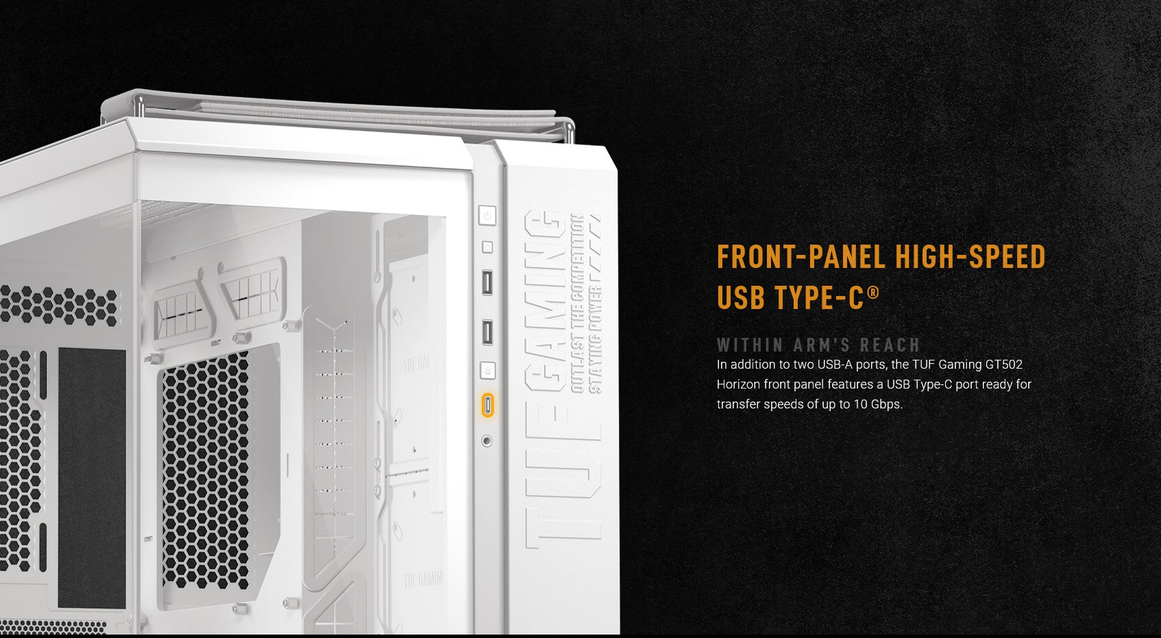 A large marketing image providing additional information about the product ASUS TUF Gaming GT502 Horizon Mid Tower Case - White - Additional alt info not provided