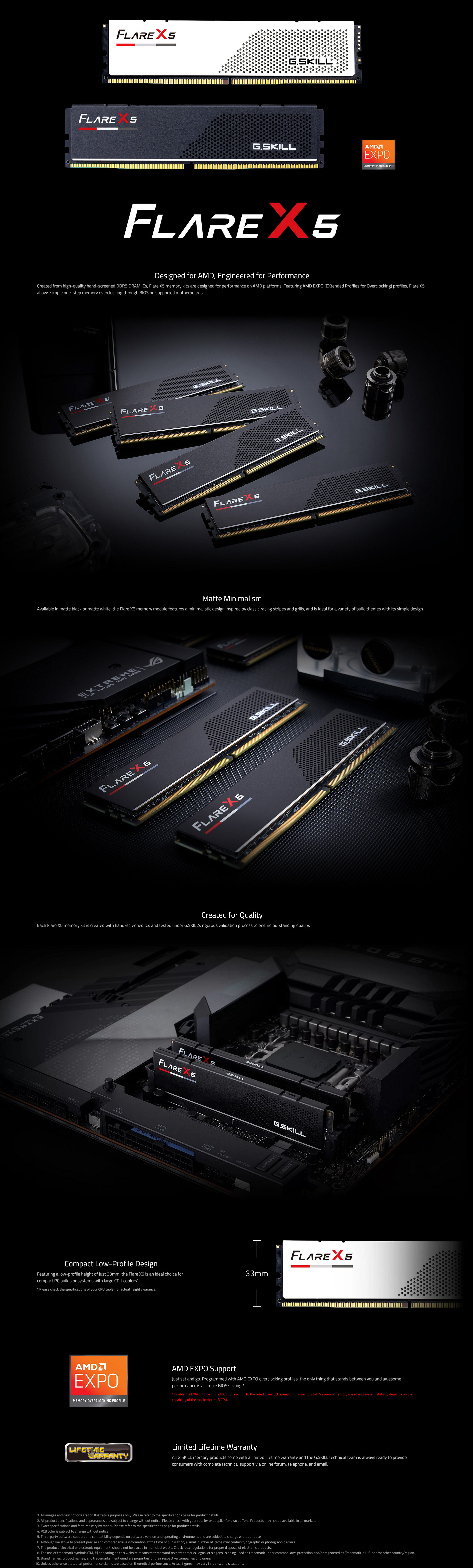 A large marketing image providing additional information about the product G.Skill Flare X5 64GB Kit (2x32GB) EXPO/XMP 3.0 DDR5-6000 C36 - Additional alt info not provided