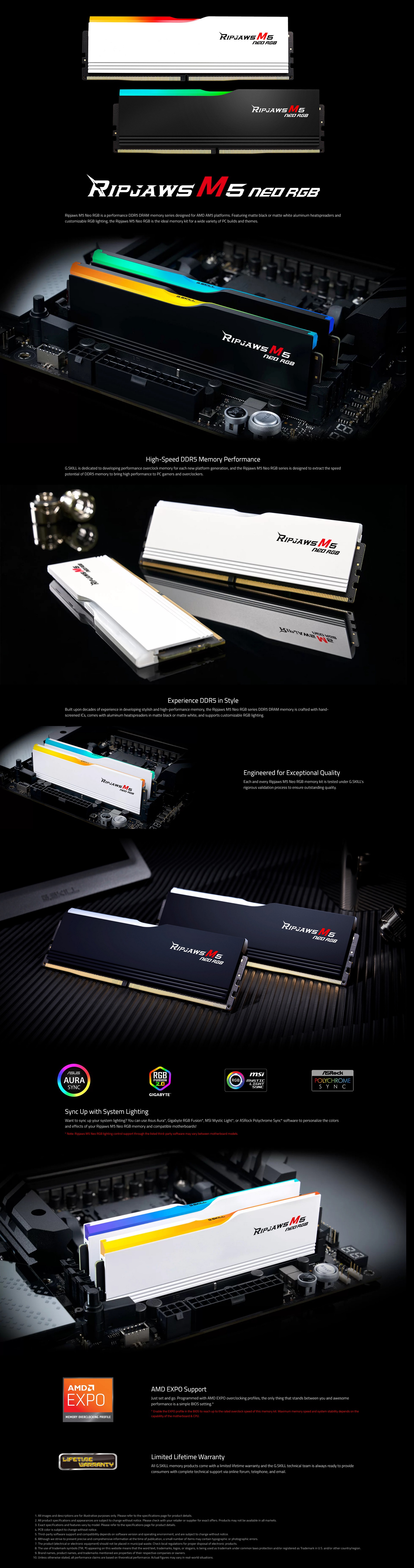 A large marketing image providing additional information about the product G.Skill Ripjaws M5 Neo RGB 64GB Kit (2x32GB) EXPO/XMP 3.0 DDR5-6000 C36 - Additional alt info not provided