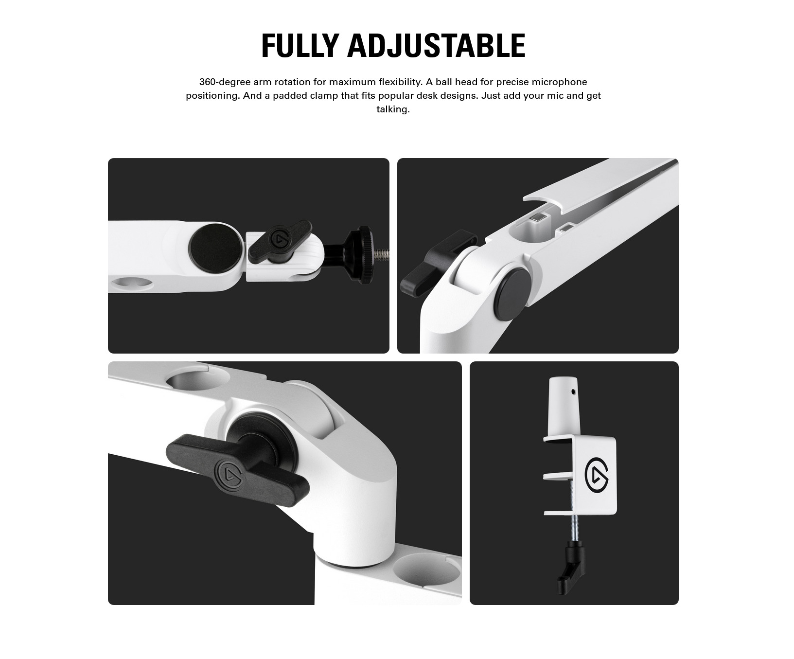 A large marketing image providing additional information about the product Elgato Wave Mic Arm LP White Edition - Additional alt info not provided