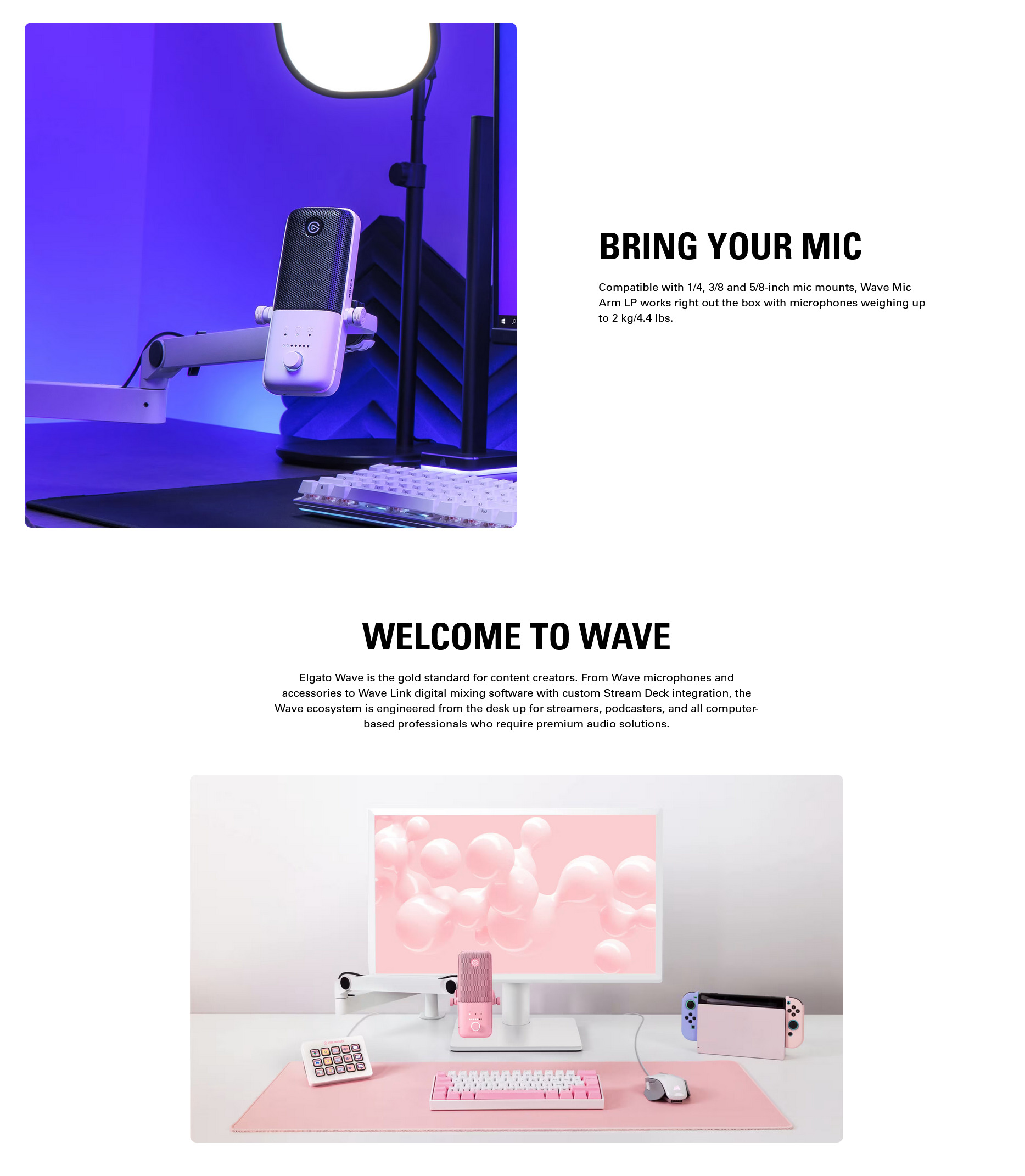 A large marketing image providing additional information about the product Elgato Wave Mic Arm LP White Edition - Additional alt info not provided