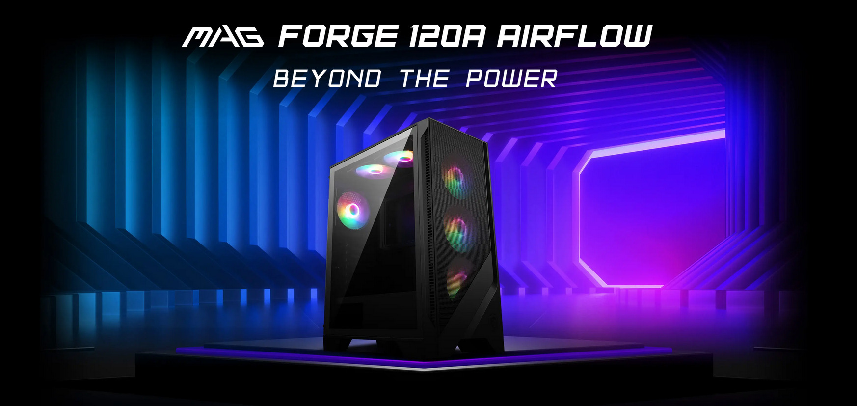 A large marketing image providing additional information about the product MSI MAG Forge 120A Airflow Mid Tower Case - Black - Additional alt info not provided