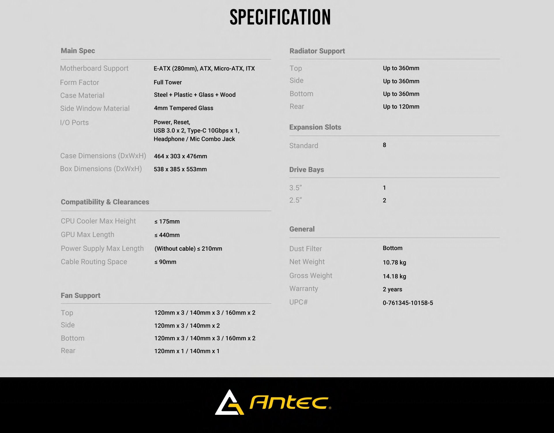 A large marketing image providing additional information about the product Antec C8 Curve Wood - Tempered Glass Full Tower Case - Additional alt info not provided