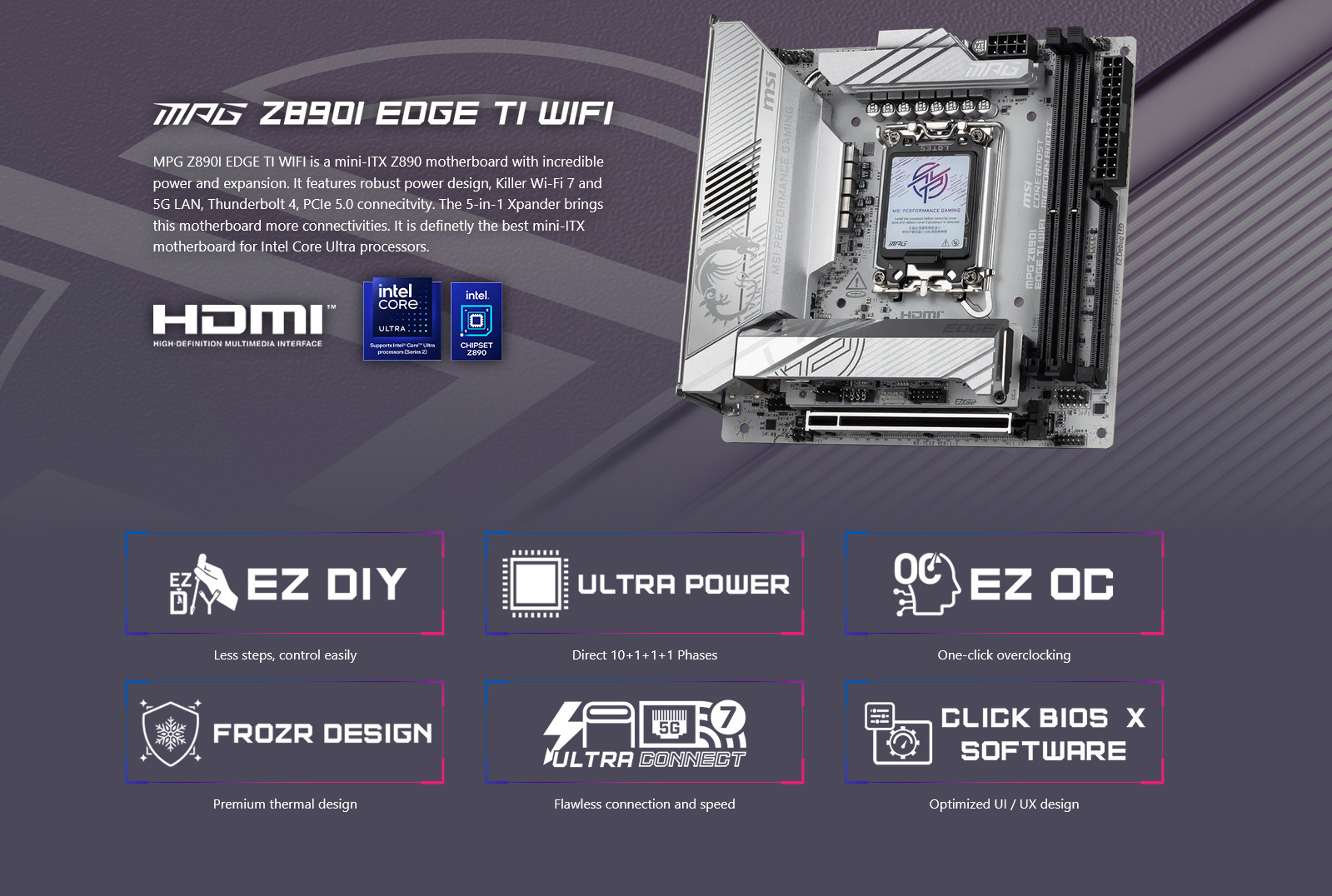 A large marketing image providing additional information about the product MSI MPG Z890I Edge TI WiFi LGA1851 mITX Desktop Motherboard - Additional alt info not provided