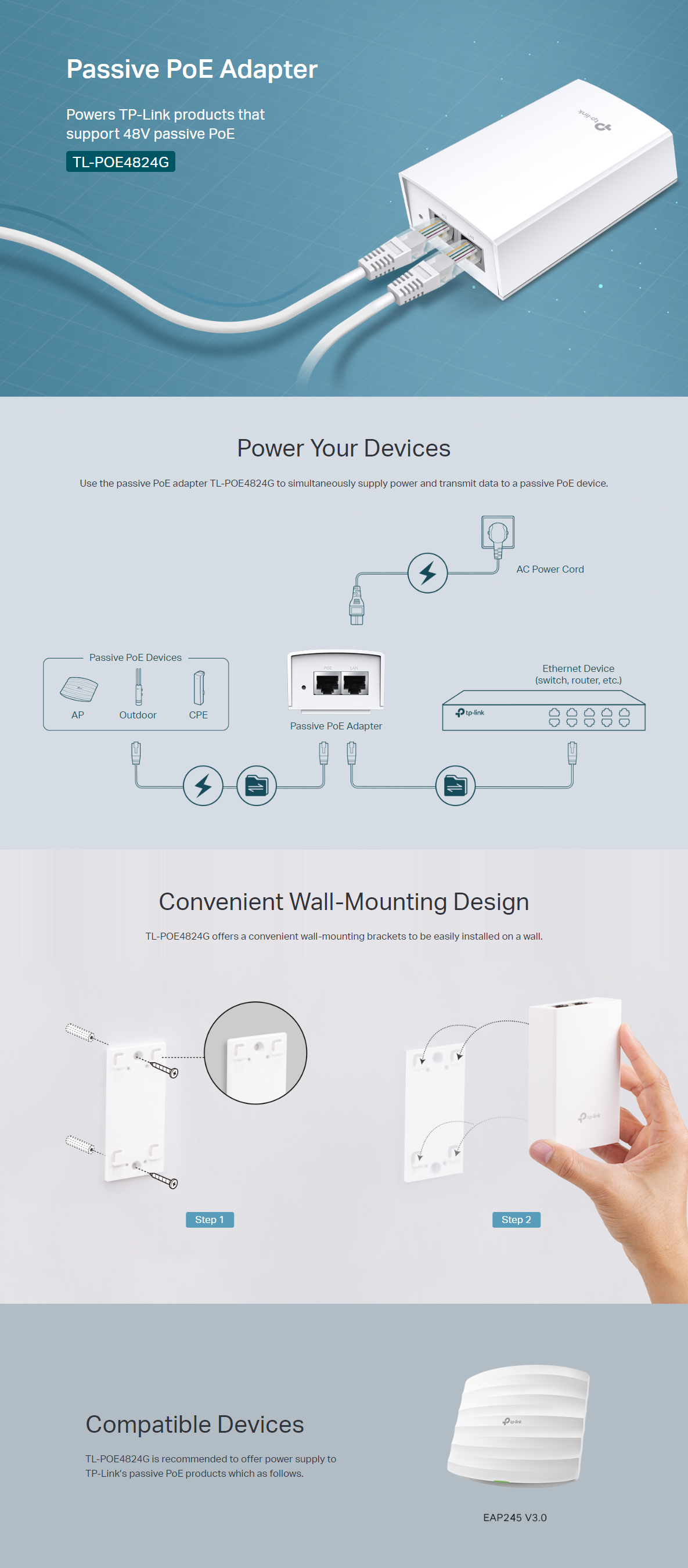 A large marketing image providing additional information about the product TP-Link POE4824G Omada 48V Passive PoE Injector Adapter - Additional alt info not provided