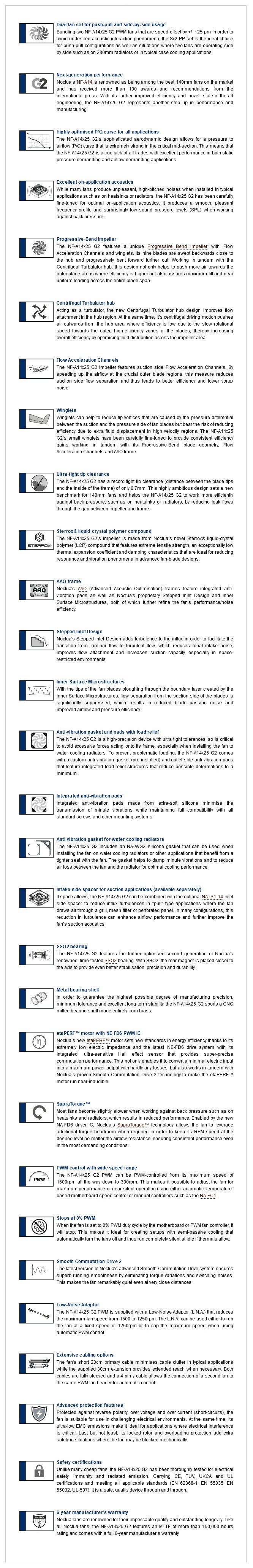 A large marketing image providing additional information about the product Noctua NF-A14X25 G2 PWM SX2-PP - 140mm x 25mm 1500RPM Cooling Fan - Additional alt info not provided