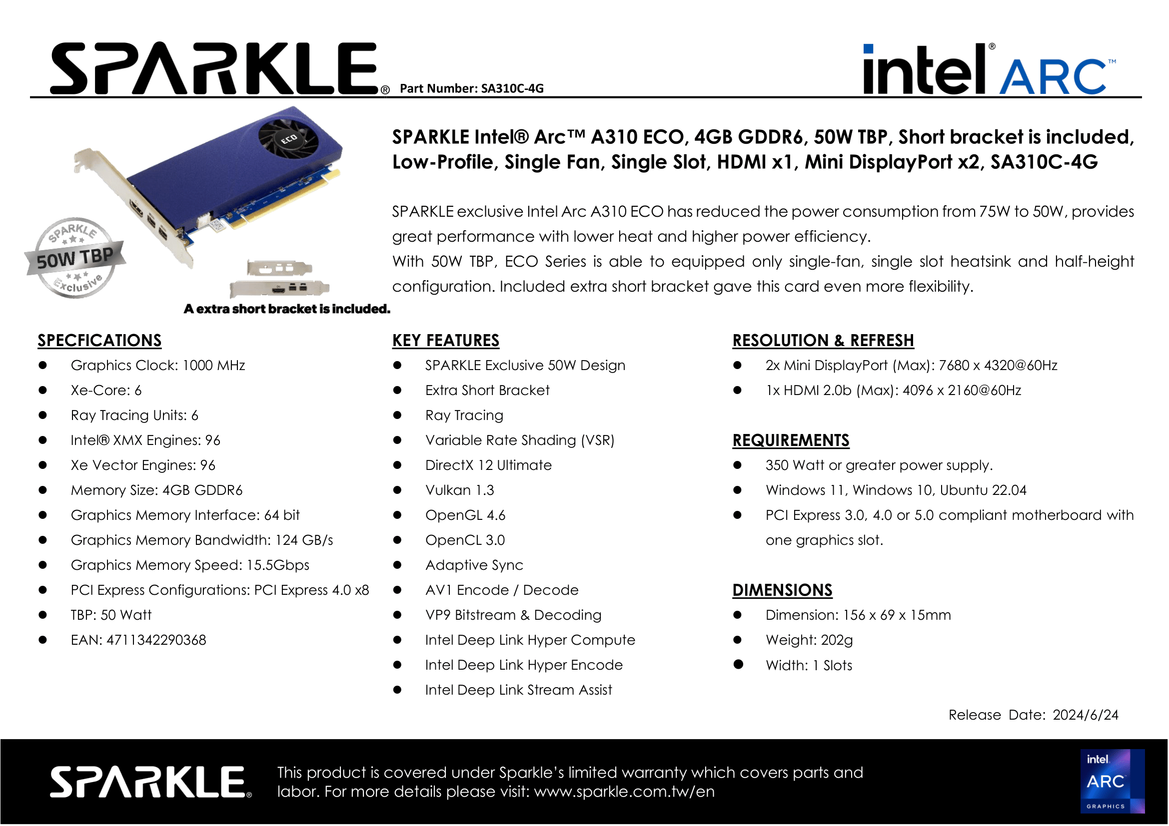 A large marketing image providing additional information about the product SPARKLE Intel Arc A310 ECO Low Profile 4GB GDDR6 - Additional alt info not provided