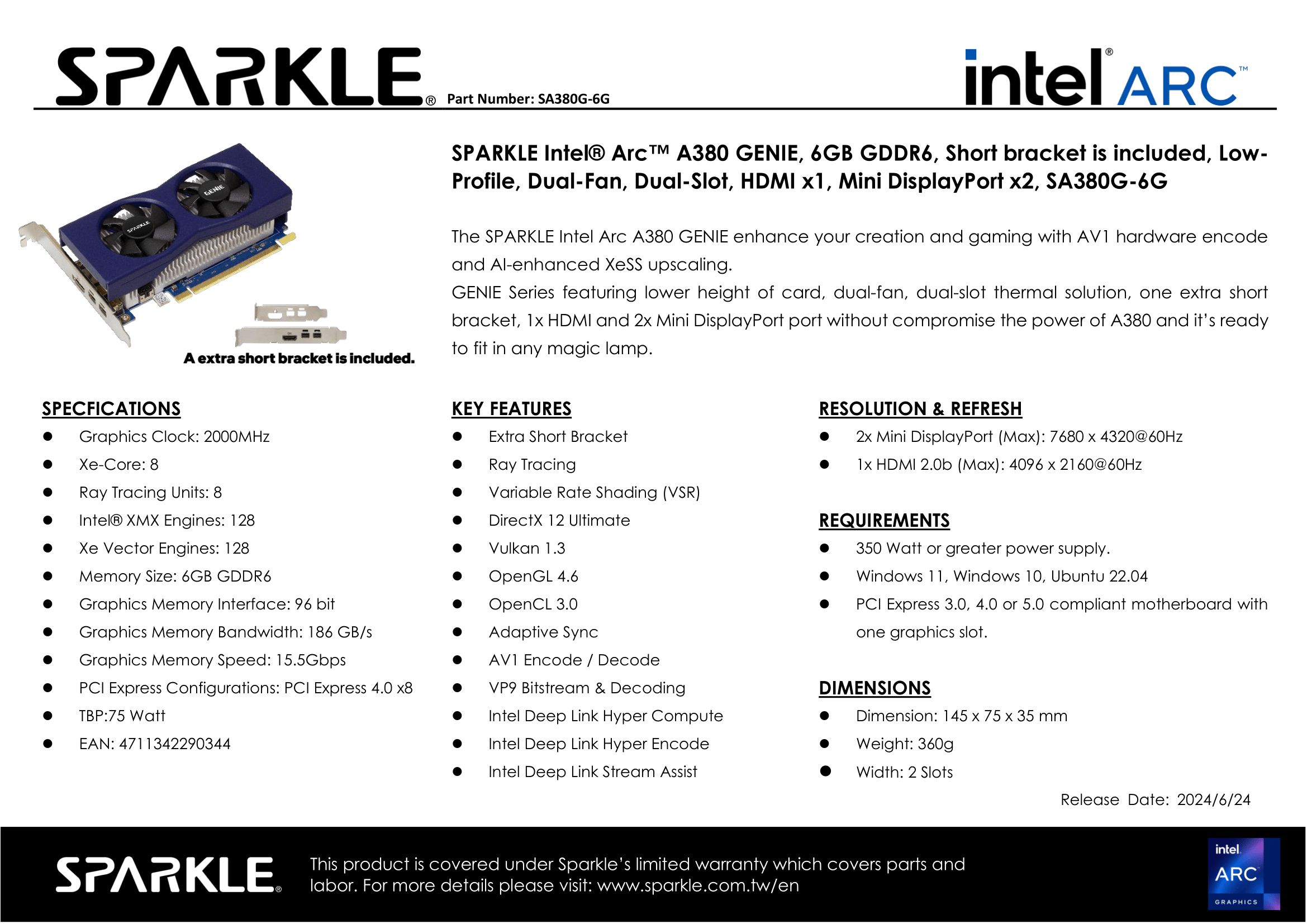 A large marketing image providing additional information about the product SPARKLE Intel Arc A380 GENIE Low Profile 6GB GDDR6 - Additional alt info not provided