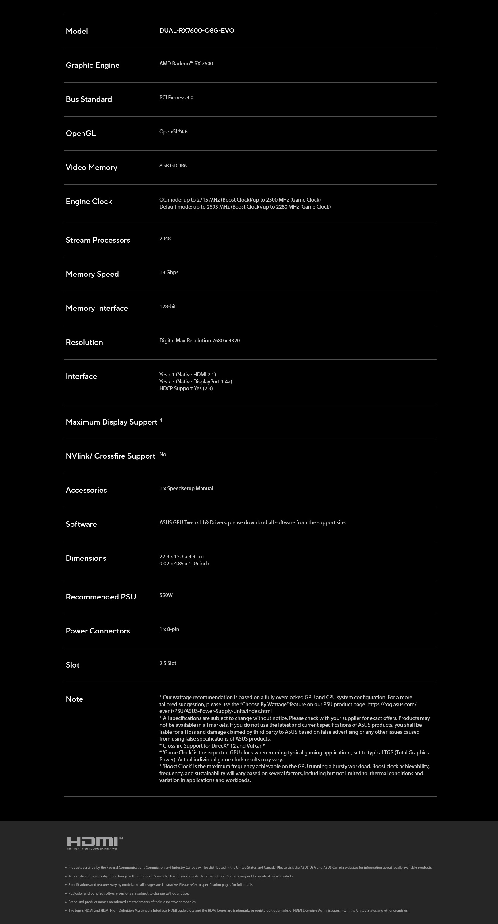 A large marketing image providing additional information about the product ASUS Radeon RX 7600 Dual EVO OC 8GB GDDR6 - Additional alt info not provided