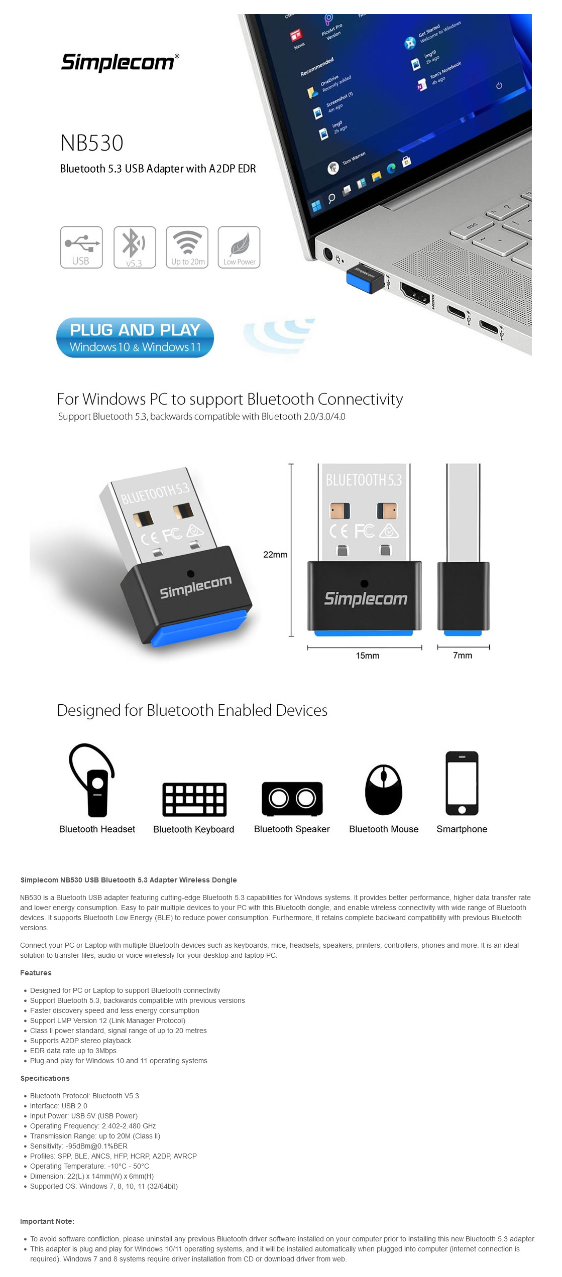 A large marketing image providing additional information about the product Simplecom NB530 USB Bluetooth 5.3 Adapter Wireless Dongle - Additional alt info not provided