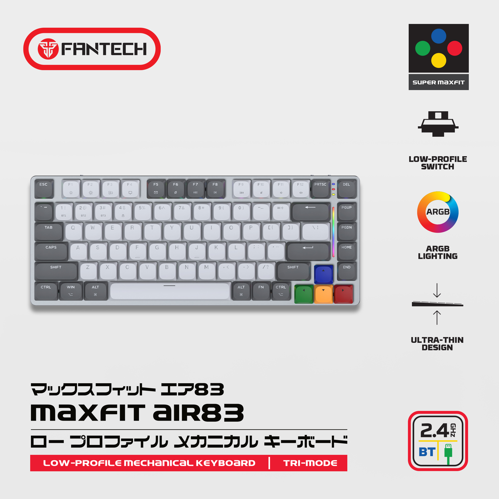 A large marketing image providing additional information about the product Fantech MK915 75% Low Profile Wireless Mechanical Keyboard - SUPER MAXFIT AIR83 (Brown Switch) - Additional alt info not provided